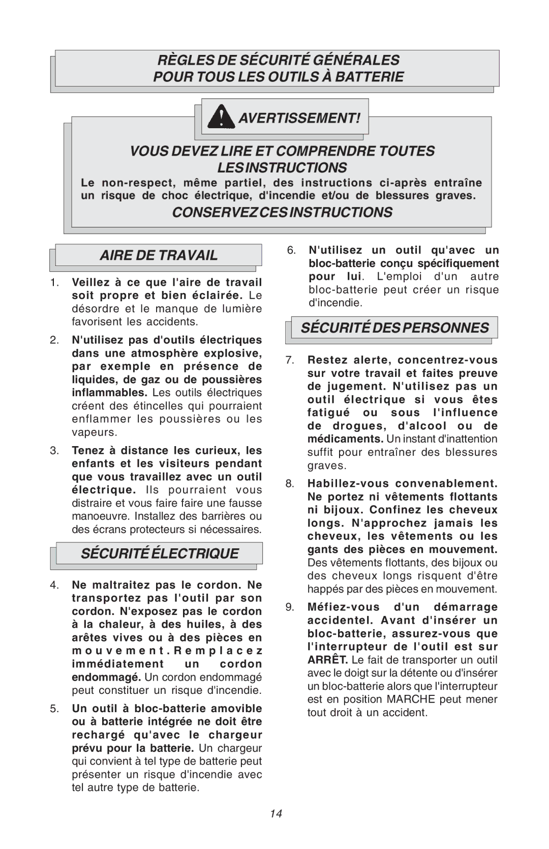 Milwaukee Hammer-Drill manual Conservez CES Instructions Aire DE Travail, Sécurité Électrique, Sécurité DES Personnes 