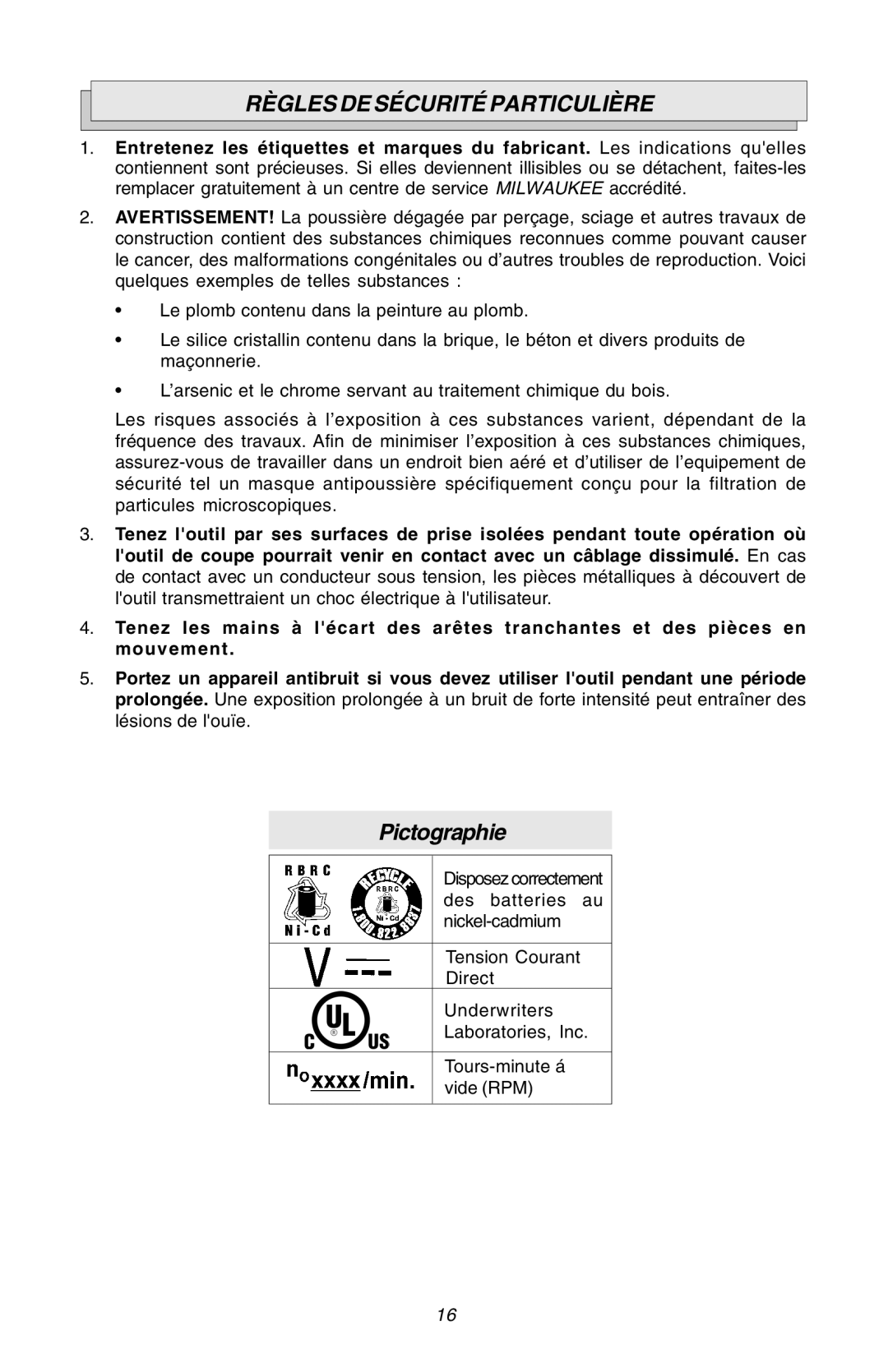 Milwaukee Hammer-Drill manual Règles DE Sécurité Particulière, Pictographie 