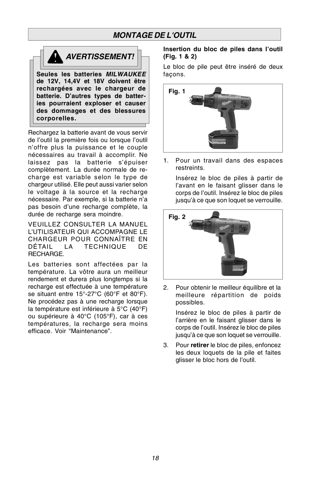 Milwaukee Hammer-Drill manual Montage DE Loutil Avertissement, Insertion du bloc de piles dans l’outil 