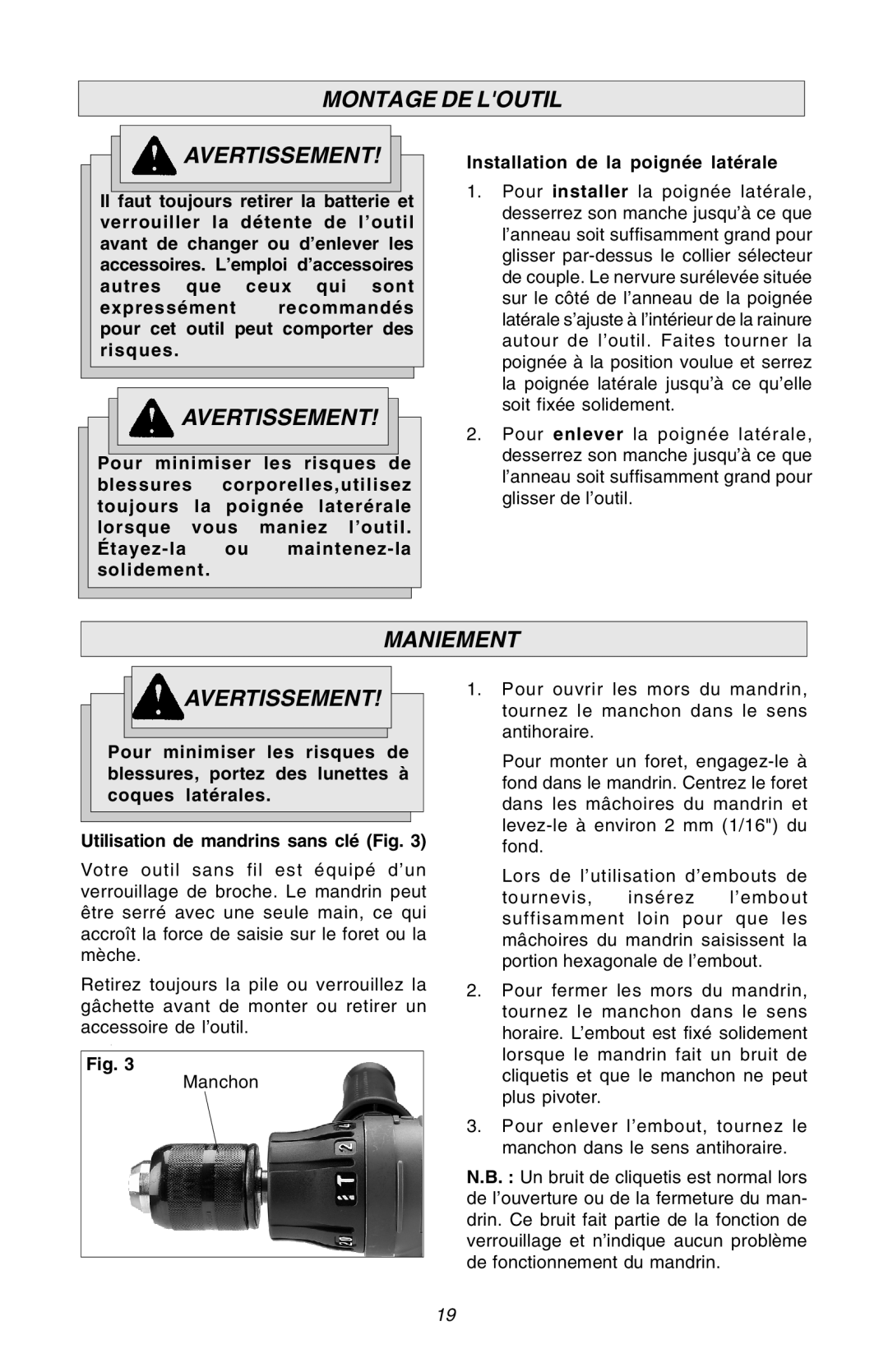 Milwaukee Hammer-Drill manual Maniement Avertissement 