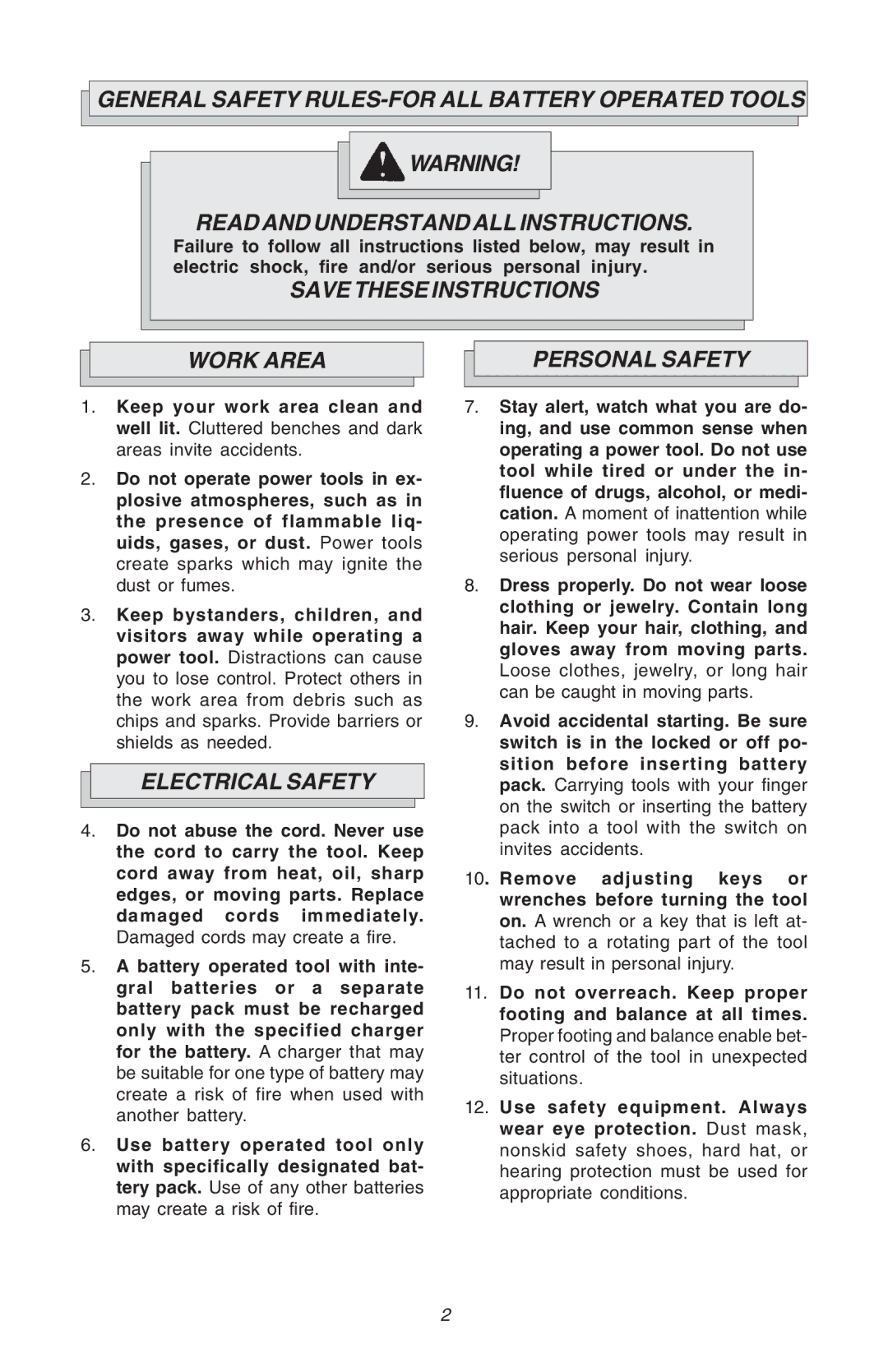 Milwaukee Hammer-Drill manual Work Area Personal Safety, Electrical Safety 