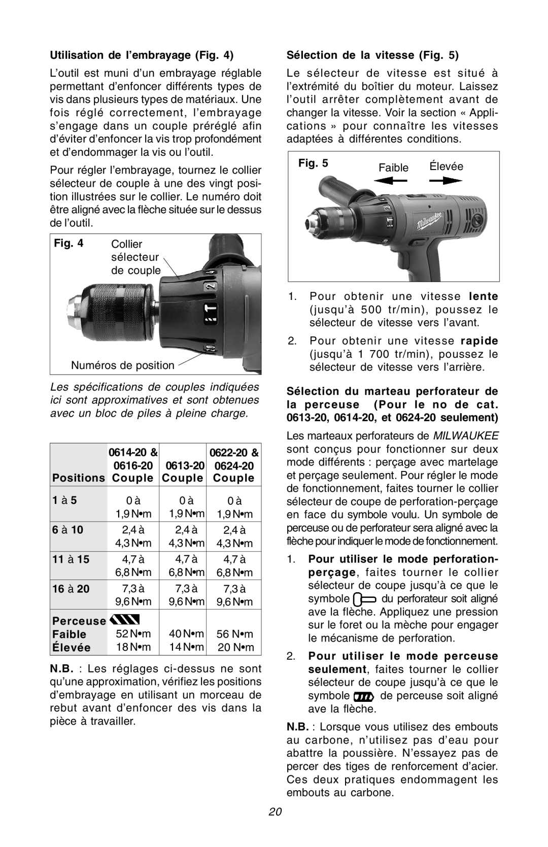 Milwaukee Hammer-Drill manual Utilisation de l’embrayage Fig, Positions Couple 11 à 16 à, Faible, Élevée 