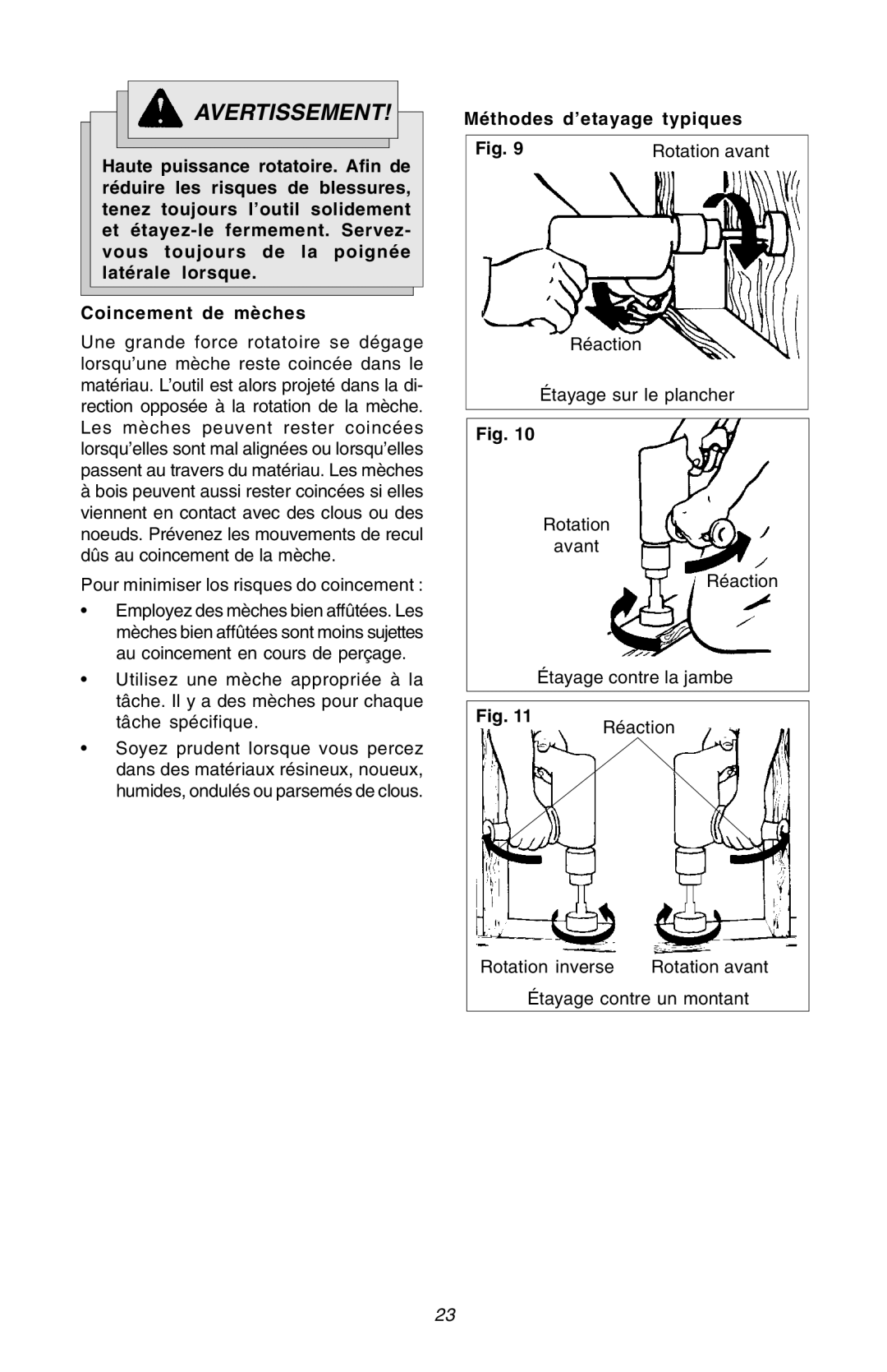 Milwaukee Hammer-Drill manual Coincement de mèches, Méthodes d’etayage typiques Rotation avant 