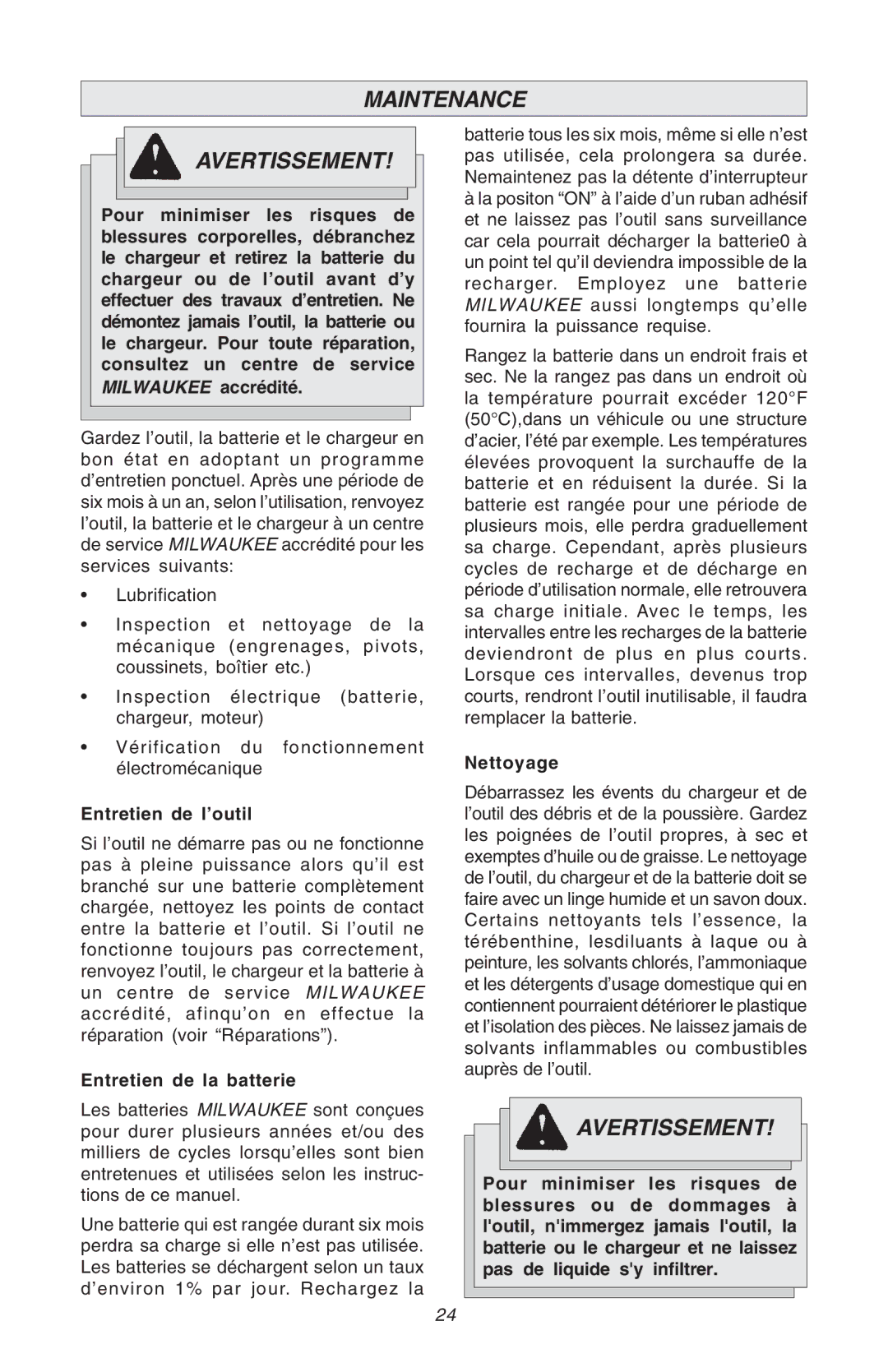 Milwaukee Hammer-Drill manual Maintenance Avertissement, Entretien de l’outil, Entretien de la batterie, Nettoyage 