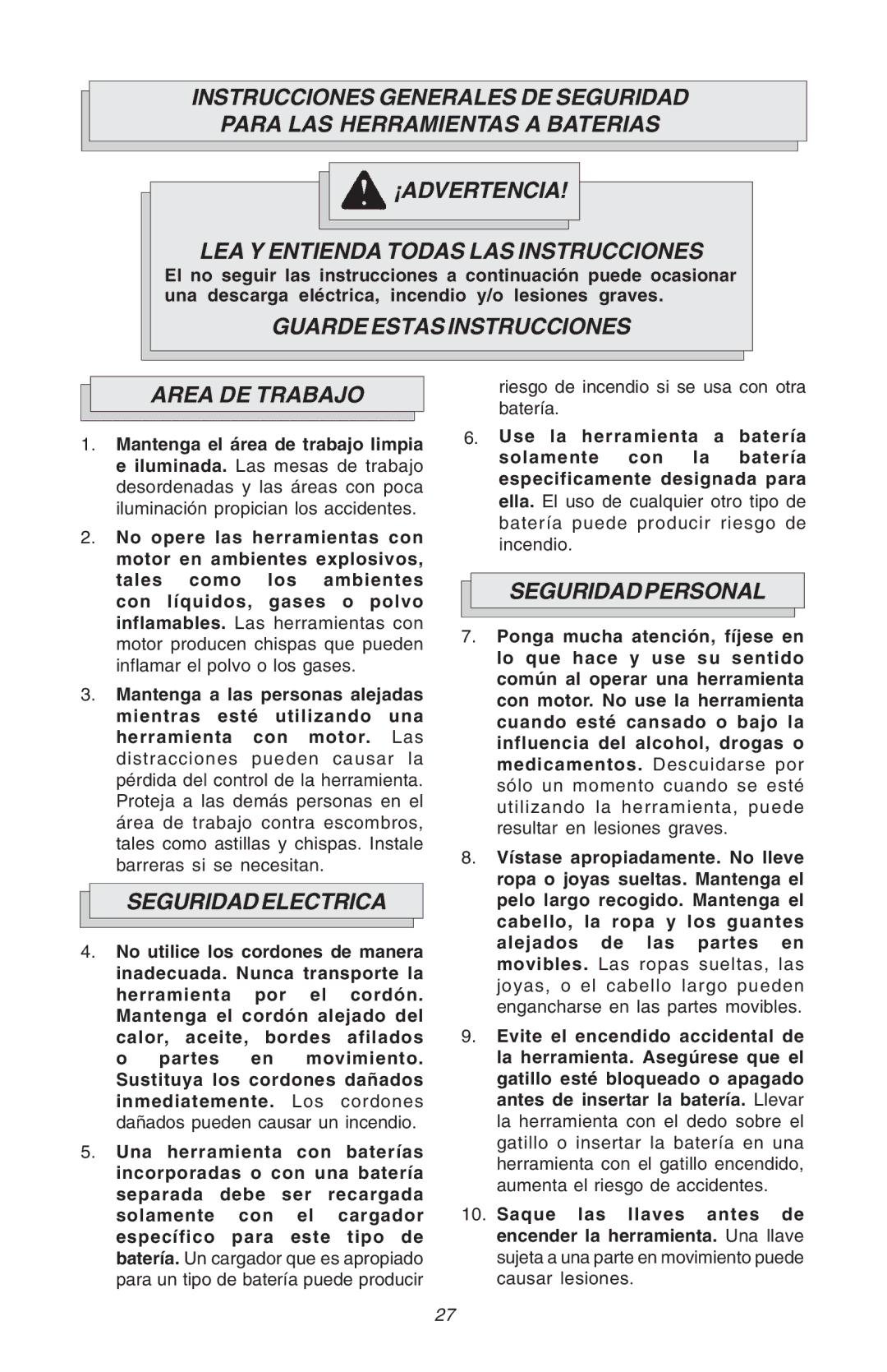 Milwaukee Hammer-Drill manual Guarde Estas Instrucciones Area DE Trabajo, Seguridad Electrica, Seguridad Personal 