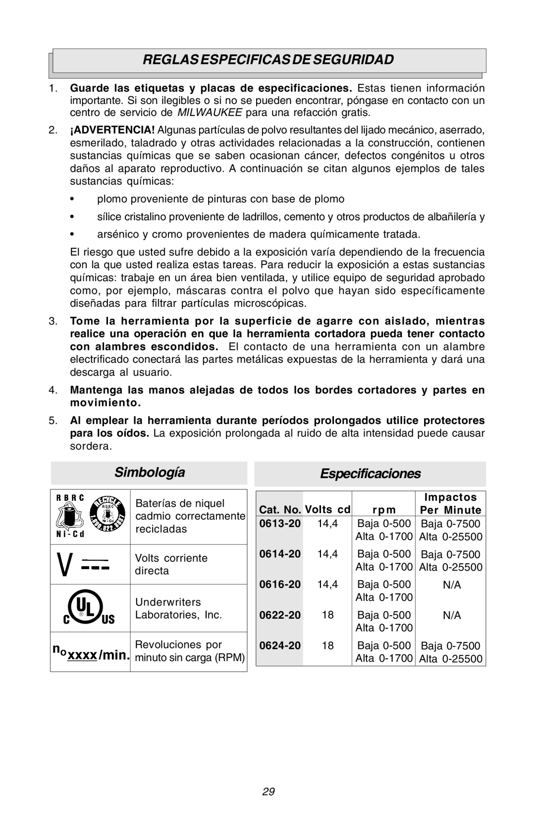 Milwaukee Hammer-Drill manual Reglas Especificas DE Seguridad, SimbologíaEspecificaciones 