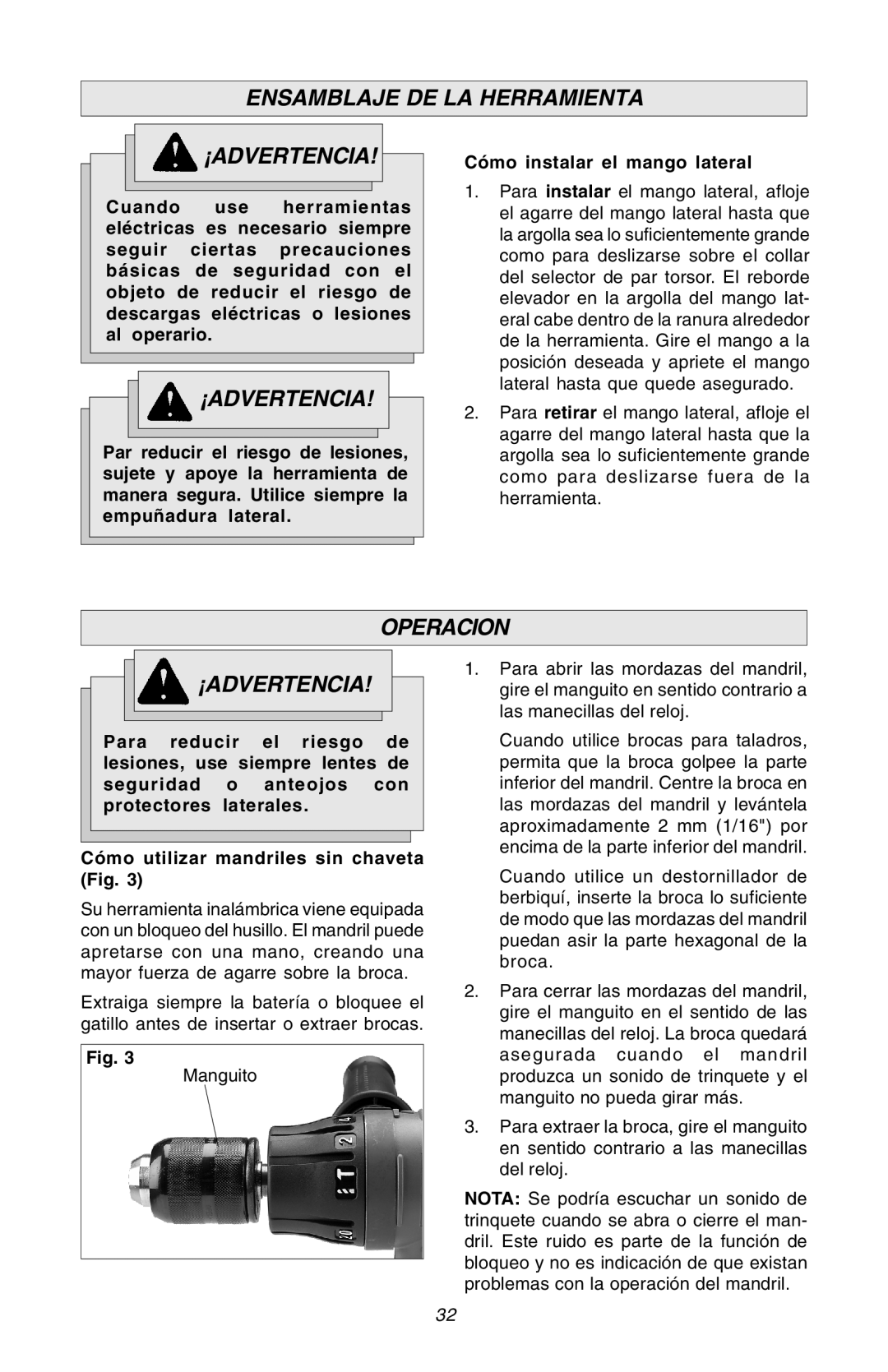 Milwaukee Hammer-Drill manual Ensamblaje DE LA Herramienta ¡ADVERTENCIA, Operacion ¡ADVERTENCIA 