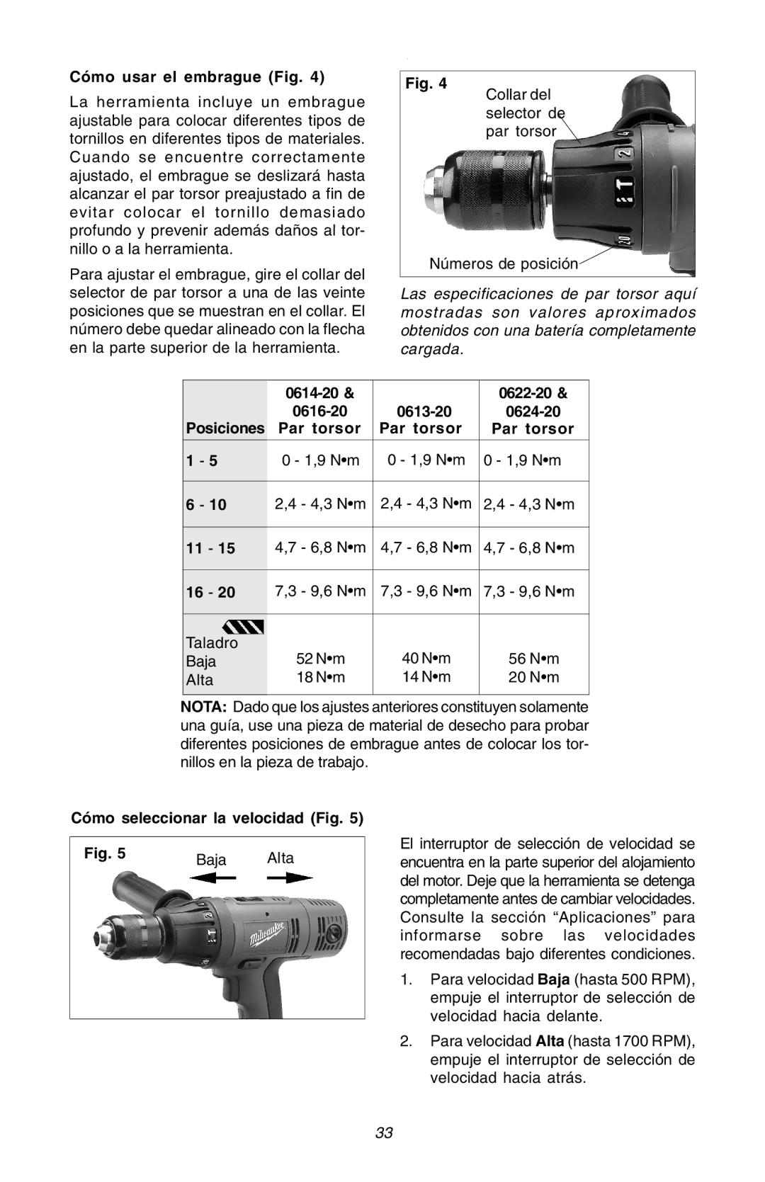 Milwaukee Hammer-Drill Cómo usar el embrague Fig, 0614-20 0622-20 0616-20, Par torsor, Cómo seleccionar la velocidad Fig 