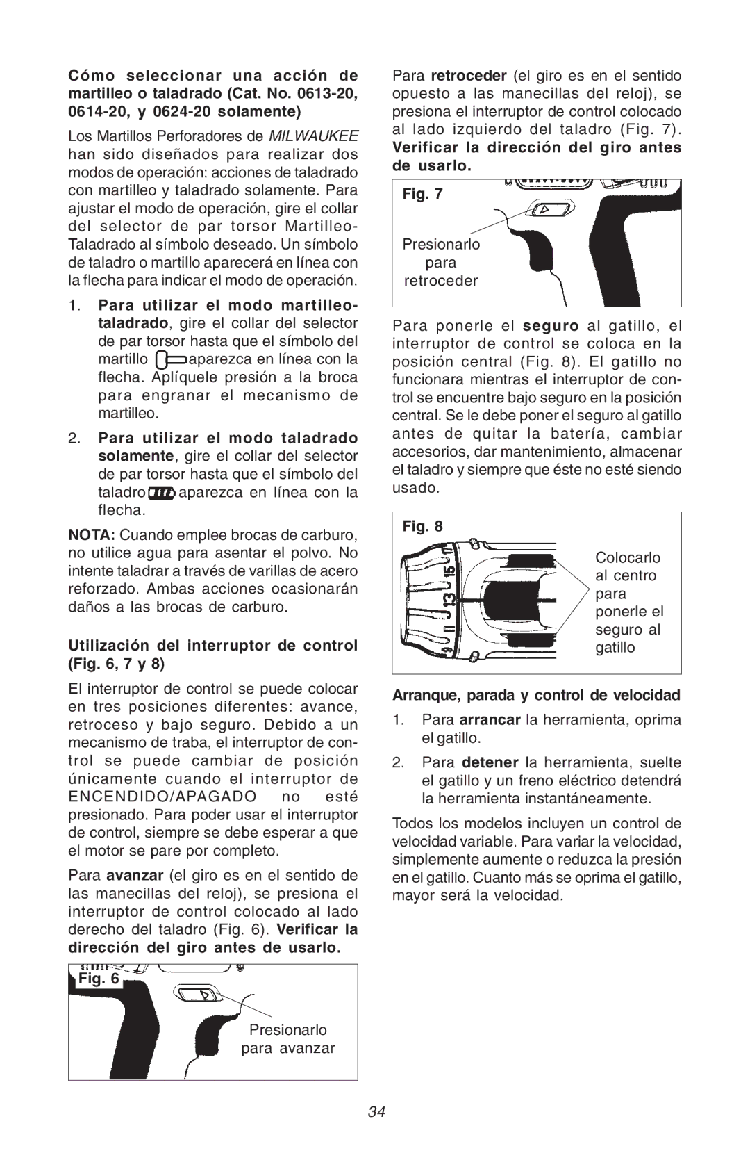 Milwaukee Hammer-Drill manual Utilización del interruptor de control , 7 y, Verificar la dirección del giro antes de usarlo 