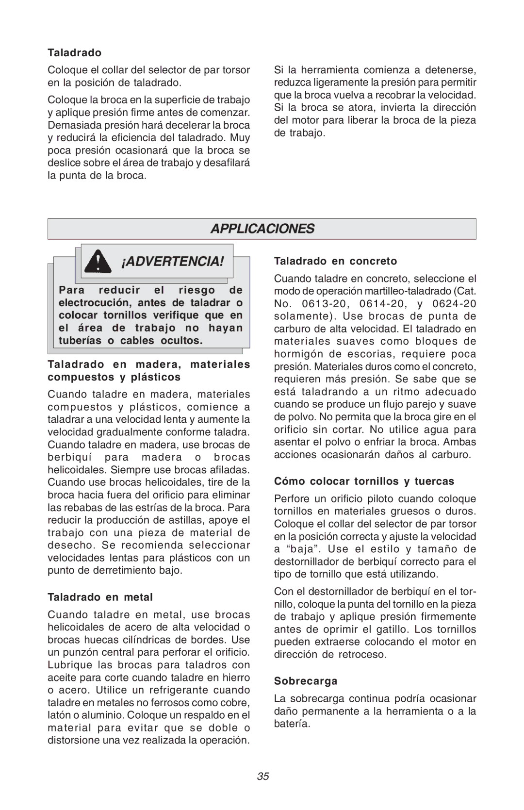 Milwaukee Hammer-Drill manual Applicaciones ¡ADVERTENCIA 