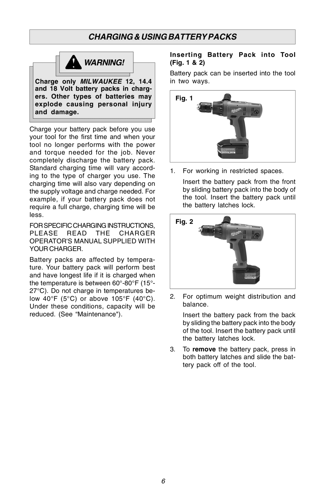 Milwaukee Hammer-Drill manual Charging & Using Battery Packs, Inserting Battery Pack into Tool 