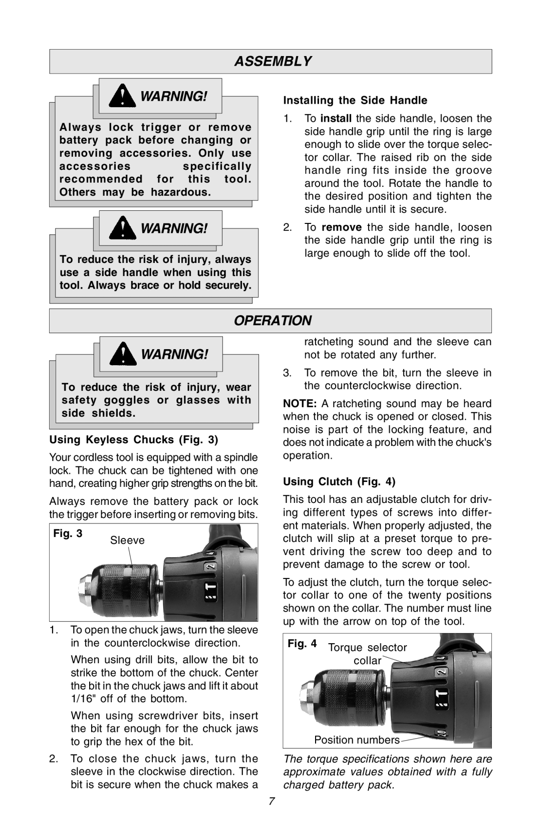 Milwaukee Hammer-Drill manual Assembly, Operation, Installing the Side Handle, Using Clutch Fig 