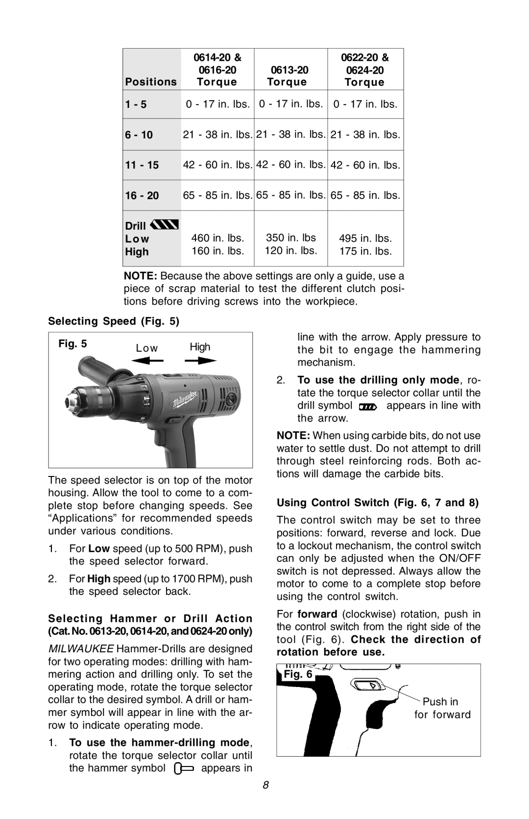 Milwaukee Hammer-Drill manual 0614-20 0622-20 0616-20 0613-20 0624-20 Positions Torque, Low, High, Selecting Speed Fig 