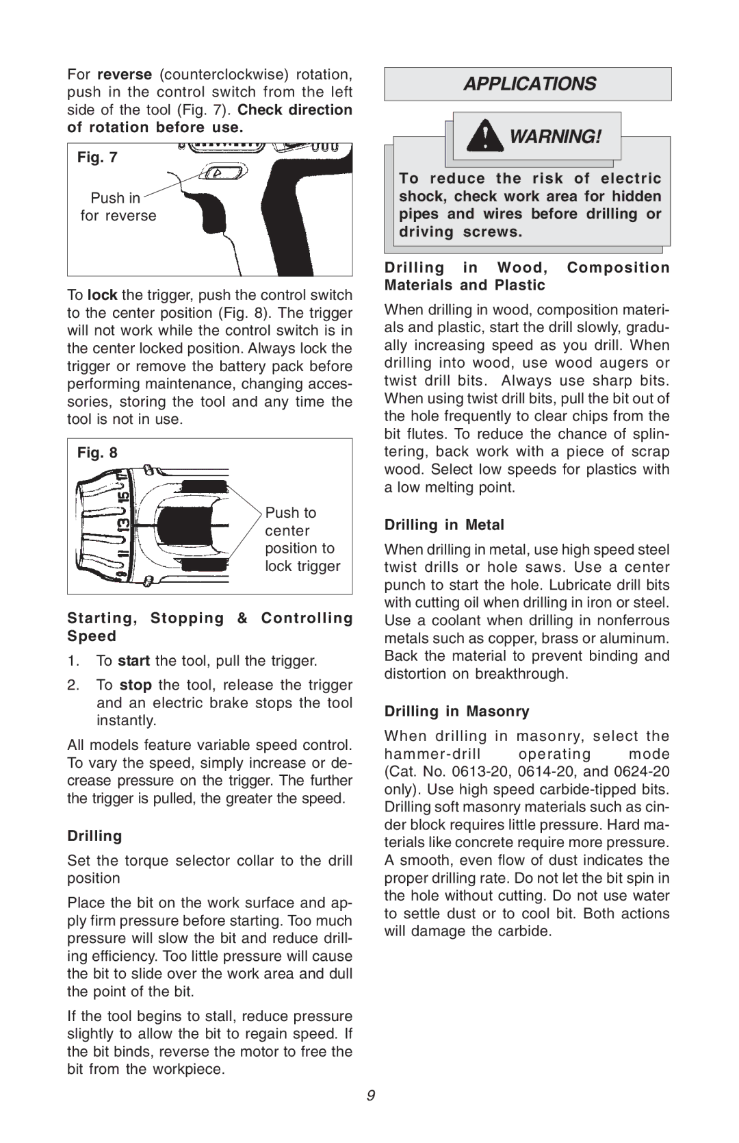 Milwaukee Hammer-Drill Applications, Starting, Stopping & Controlling Speed, Drilling in Metal, Drilling in Masonry 