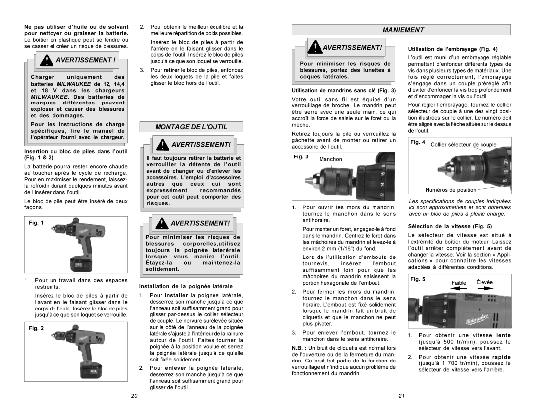 Milwaukee Hammer Drill manual Maniement, Montage DE Loutil Avertissement 