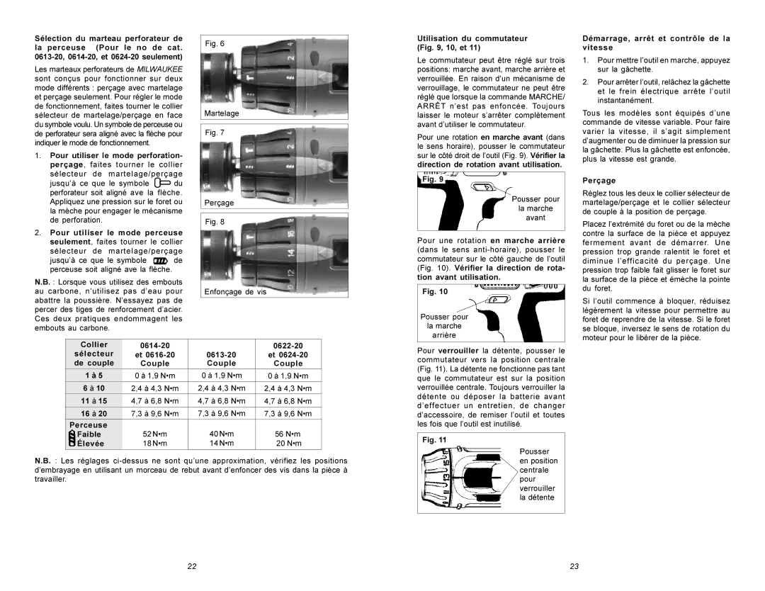 Milwaukee Hammer Drill manual Utilisation du commutateur , 10, et, Démarrage, arrêt et contrôle de la vitesse, Perçage 