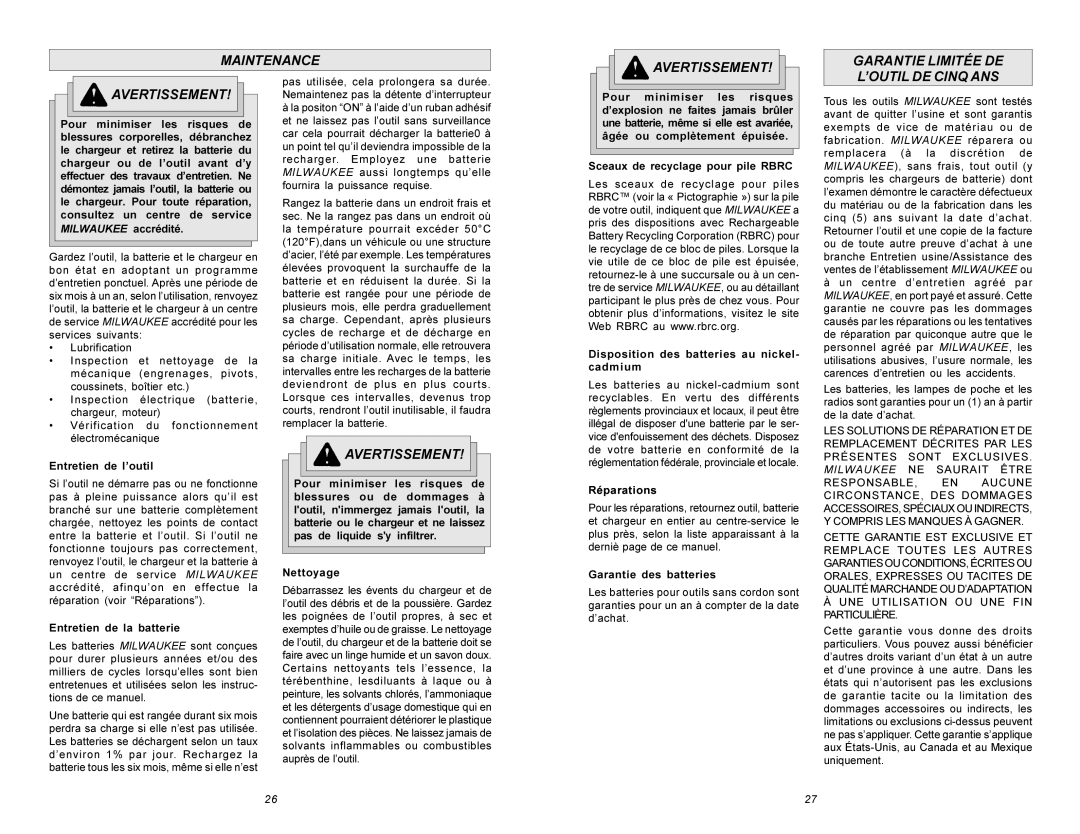 Milwaukee Hammer Drill manual Entretien de l’outil, Entretien de la batterie, Réparations, Garantie des batteries 