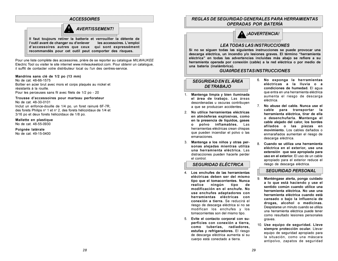 Milwaukee Hammer Drill manual Accessoires Avertissement, GUA0RDEESTASINSTRUCCIONES, Seguridad EN EL Área Detrabajo 