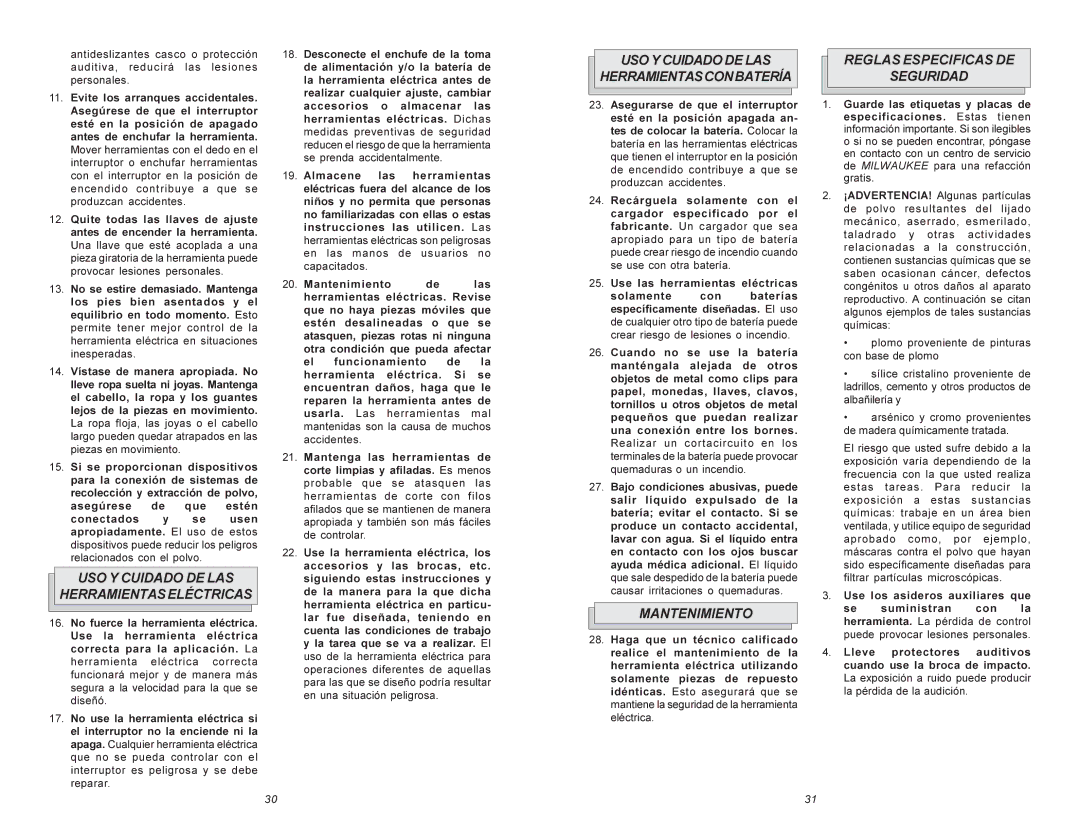 Milwaukee Hammer Drill manual USO Y Cuidado DE LAS Herramientaseléctricas, USO Y Cuidado DE LAS Herramientasconbatería 