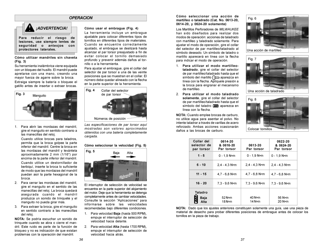 Milwaukee Hammer Drill manual Operacion 