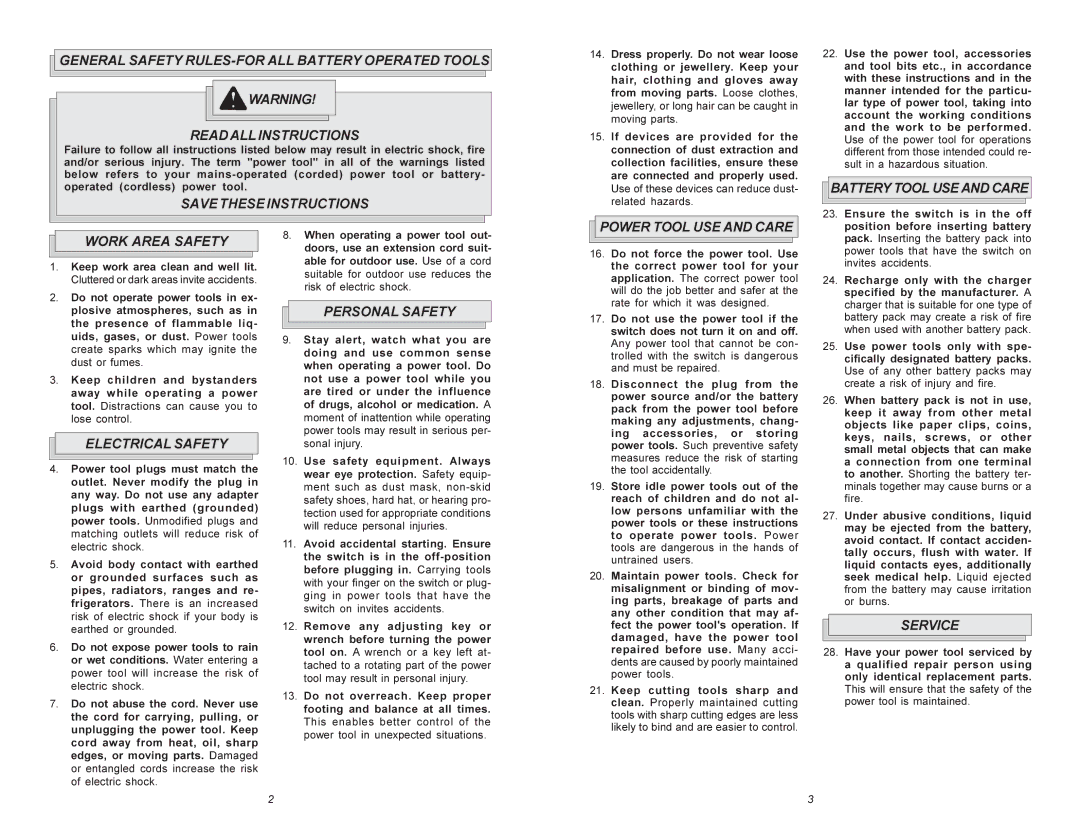 Milwaukee Hammer Drill Savetheseinstructions, Battery Tool USE and Care, Work Area Safety, Electrical Safety, Service 