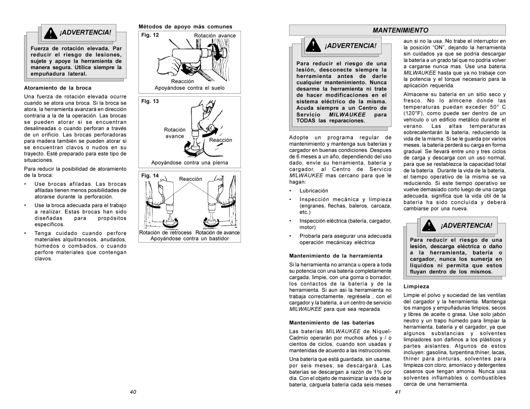 Milwaukee Hammer Drill manual Métodos de apoyo más comunes, Rotación avance, Reacción, Mantenimiento de la herramienta 