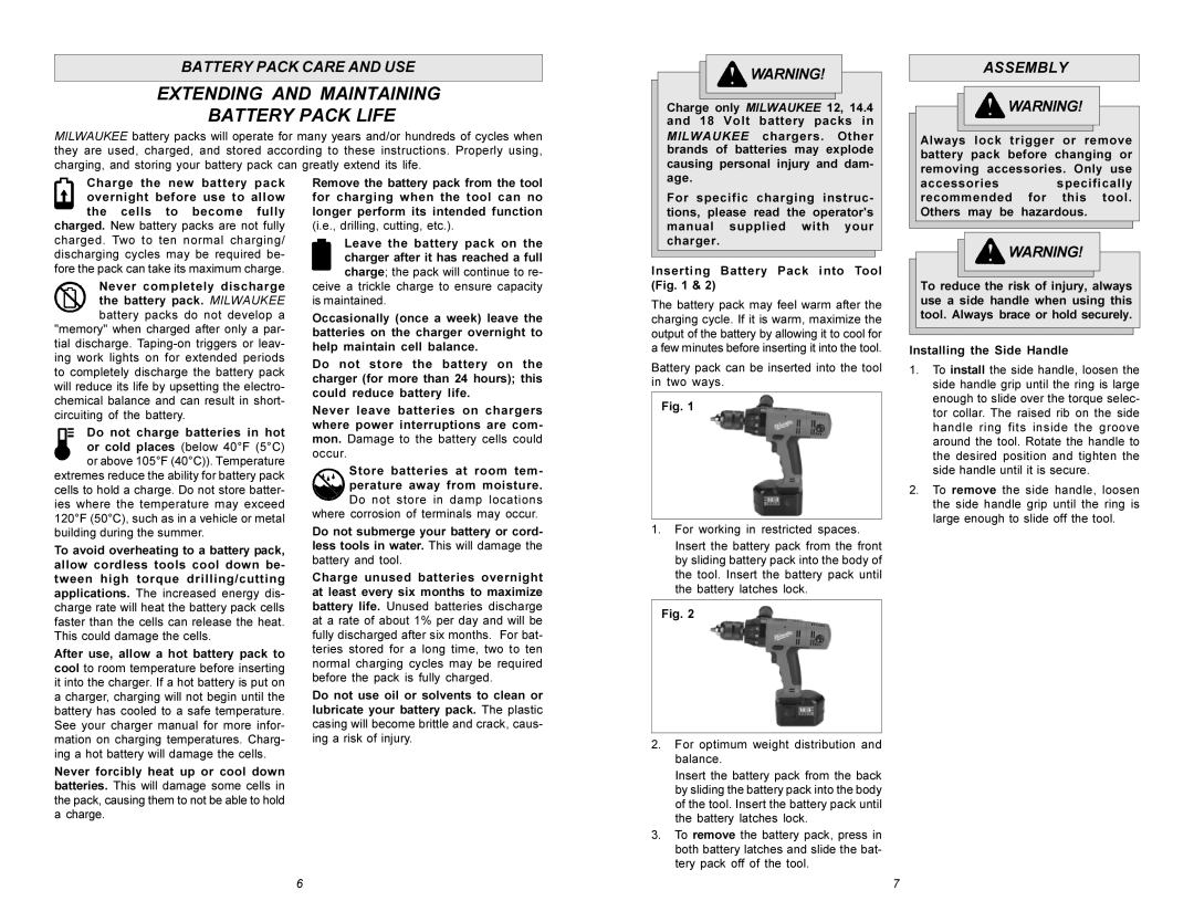 Milwaukee Hammer Drill manual Battery Pack Care and USE, Assembly, Installing the Side Handle 