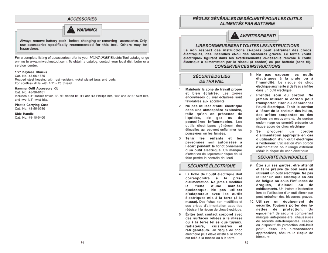 Milwaukee Hammer Drill manual Accessories, Conservercesinstructions, Sécuritédulieu DE Travail, Sécurité Électrique 