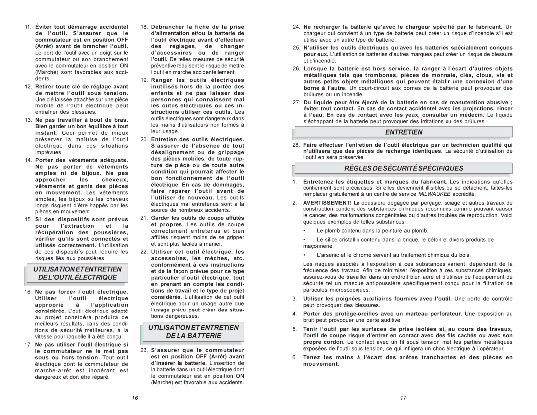 Milwaukee Hammer Drill manual Utilisationetentretien DEL’OUTILÉLECTRIQUE, Utilisationetentretien DE LA Batterie, Entretien 