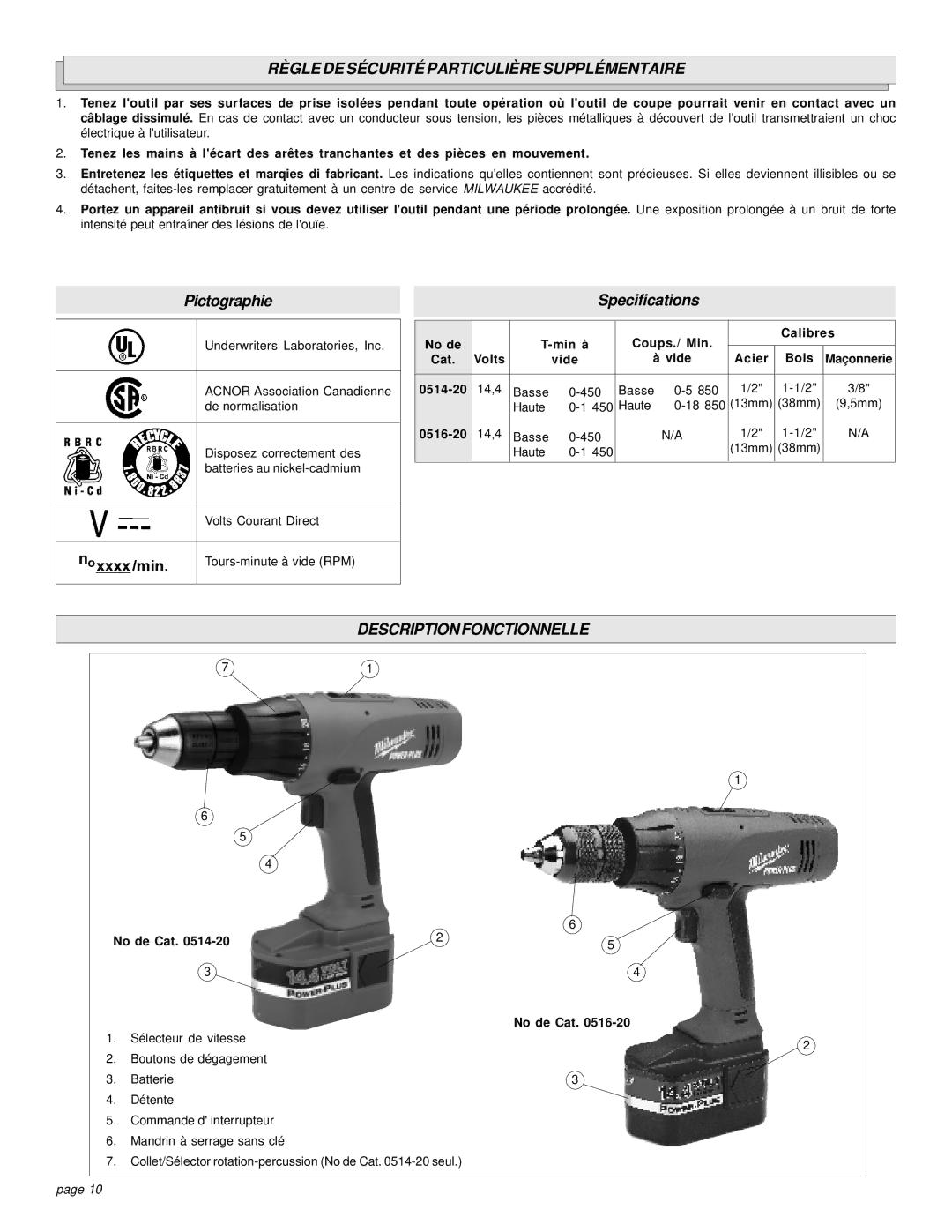 Milwaukee HAMMER-DRILLS & DRIVER DRILLS manual Règle DE Sécurité Particulière Supplémentaire, Description Fonctionnelle 