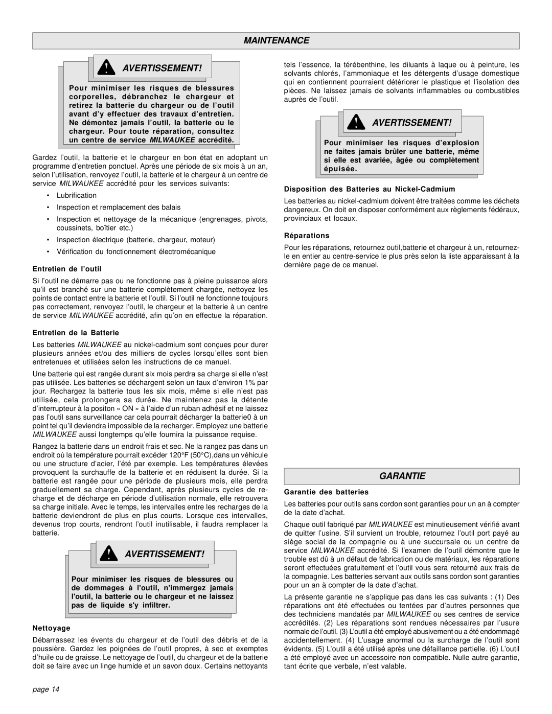 Milwaukee HAMMER-DRILLS & DRIVER DRILLS manual Maintenance Avertissement, Garantie 