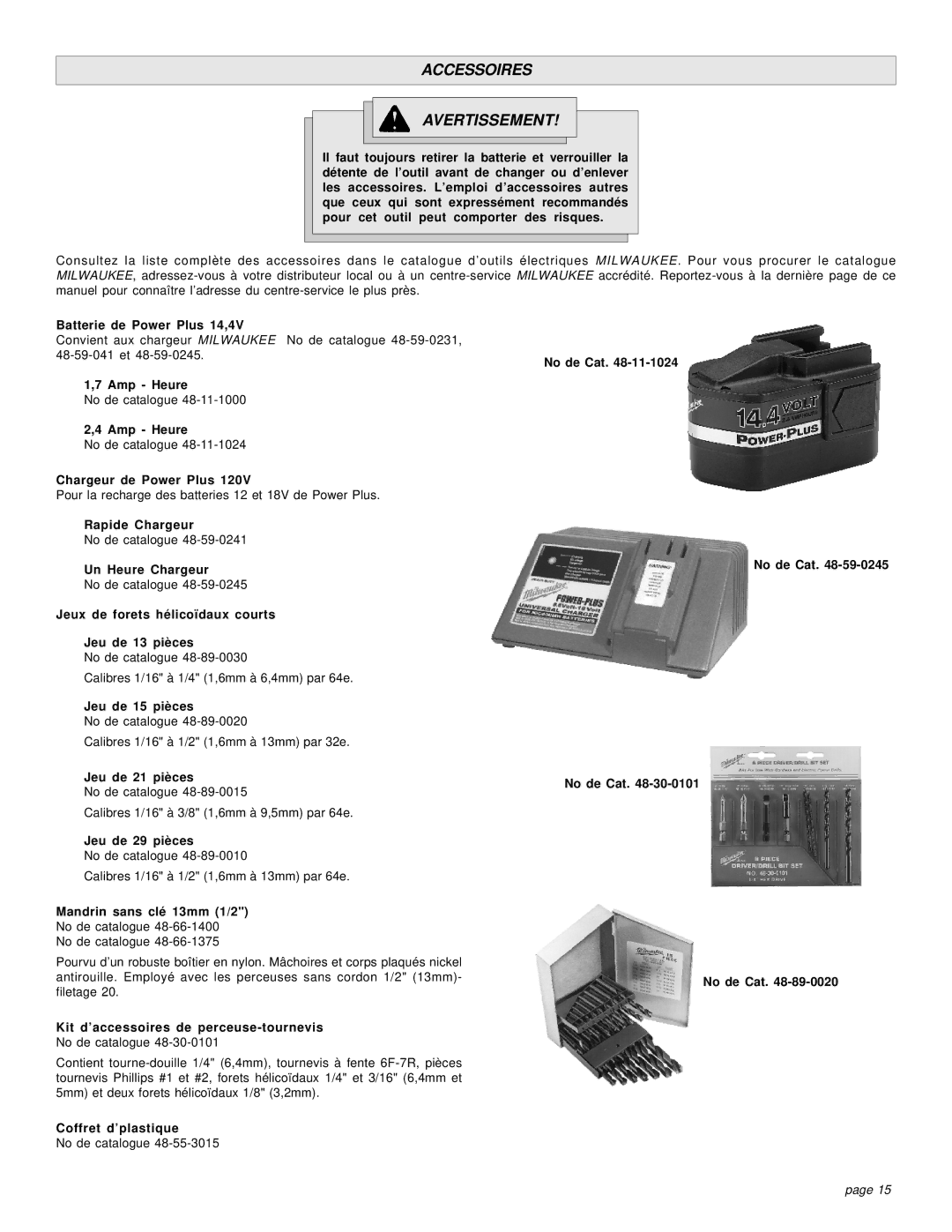 Milwaukee HAMMER-DRILLS & DRIVER DRILLS manual Accessoires Avertissement 