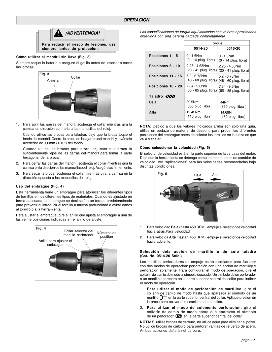 Milwaukee HAMMER-DRILLS & DRIVER DRILLS manual Operacion ¡ADVERTENCIA 