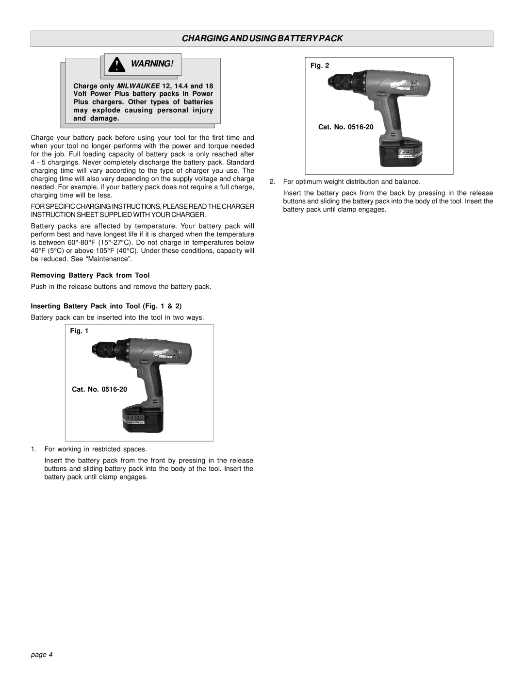 Milwaukee HAMMER-DRILLS & DRIVER DRILLS manual Charging and Using Battery Pack, Removing Battery Pack from Tool 