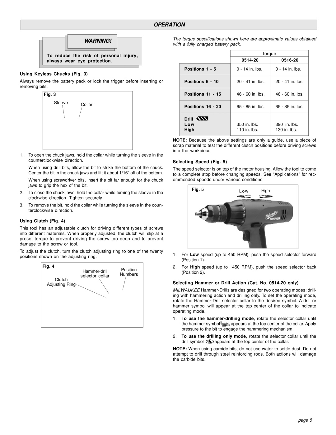 Milwaukee HAMMER-DRILLS & DRIVER DRILLS manual Operation 