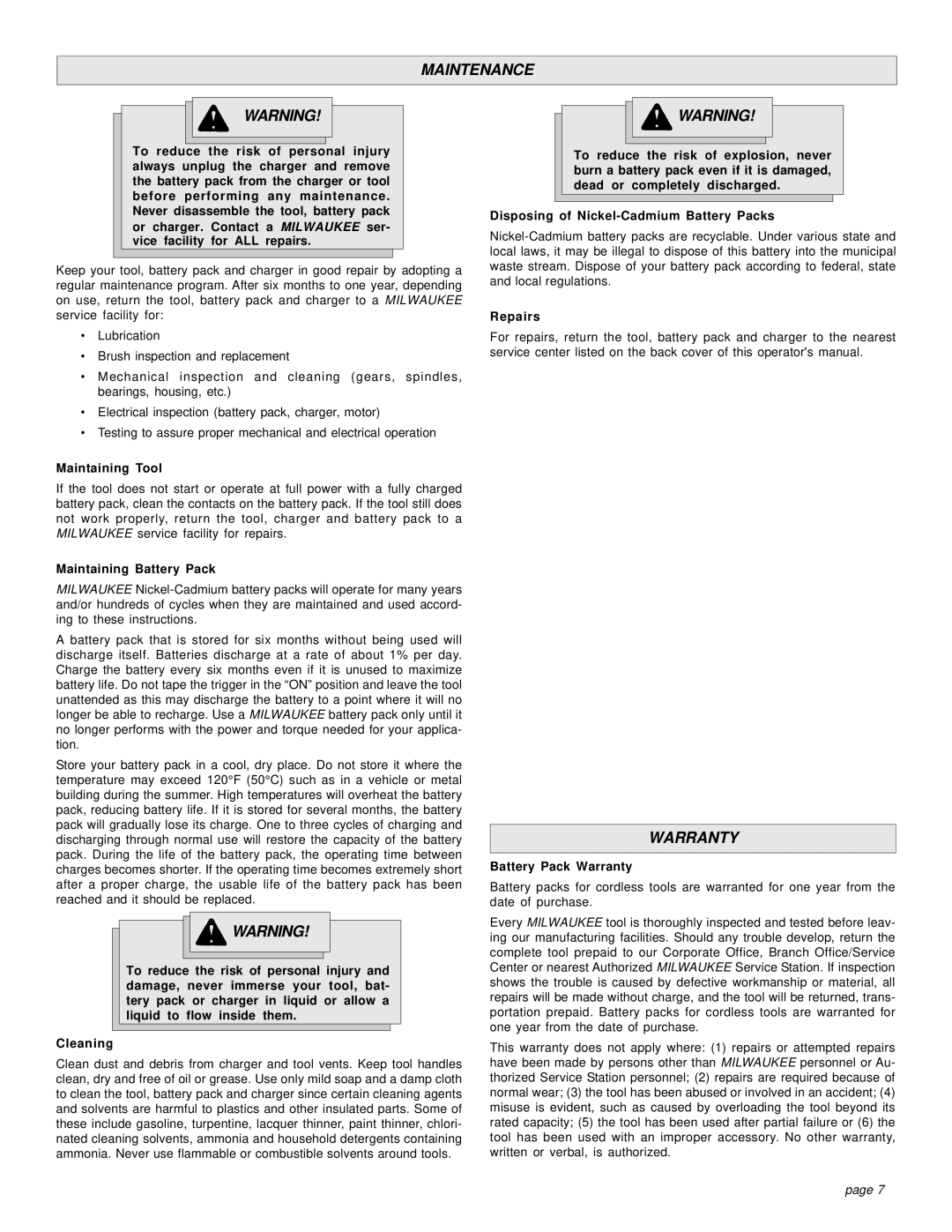 Milwaukee HAMMER-DRILLS & DRIVER DRILLS manual Maintenance, Warranty 