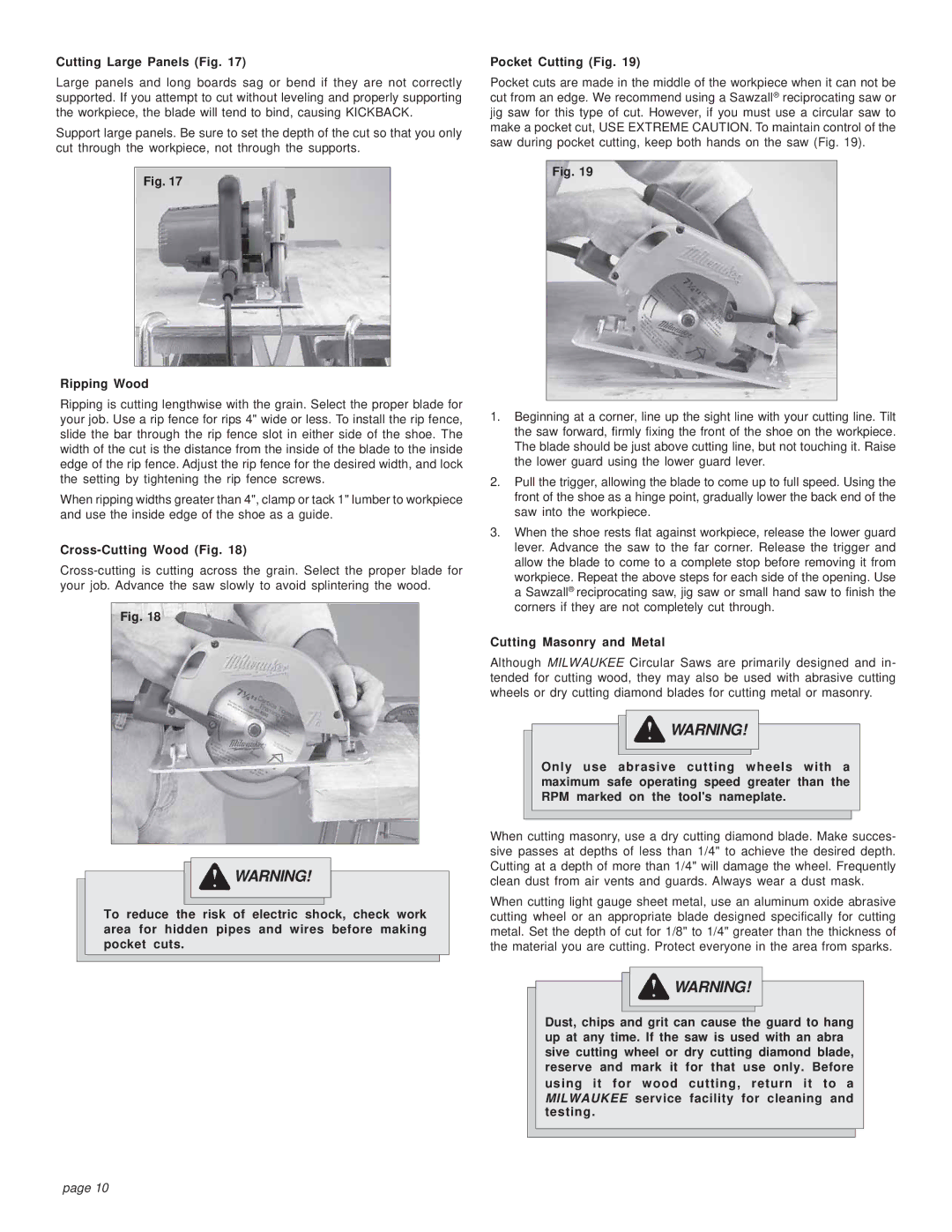 Milwaukee HEAVY-DUTY CIRCULAR SAW manual Cutting Large Panels Fig, Ripping Wood, Cross-Cutting Wood Fig 