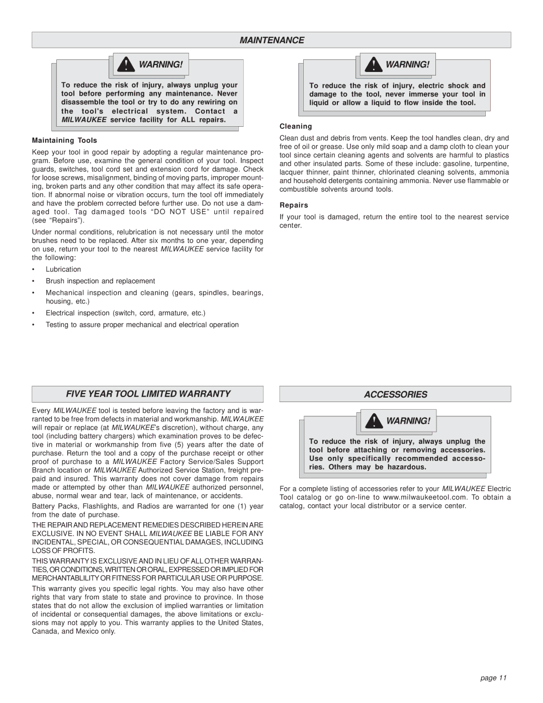 Milwaukee HEAVY-DUTY CIRCULAR SAW manual Maintenance, Five Year Tool Limited Warranty, Accessories, Repairs 