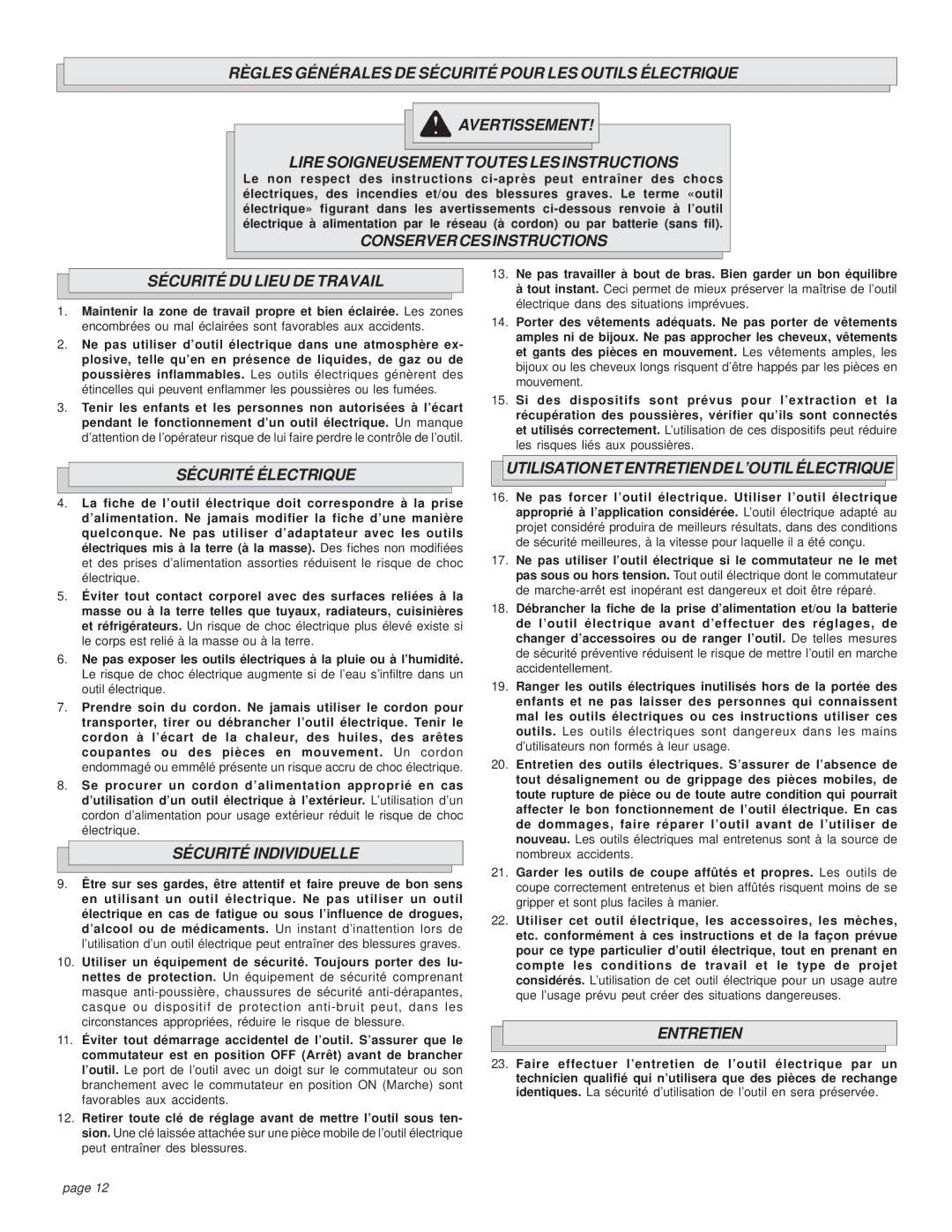 Milwaukee HEAVY-DUTY CIRCULAR SAW Conserver CES Instructions Sécurité DU Lieu DE Travail, Sécurité Électrique, Entretien 