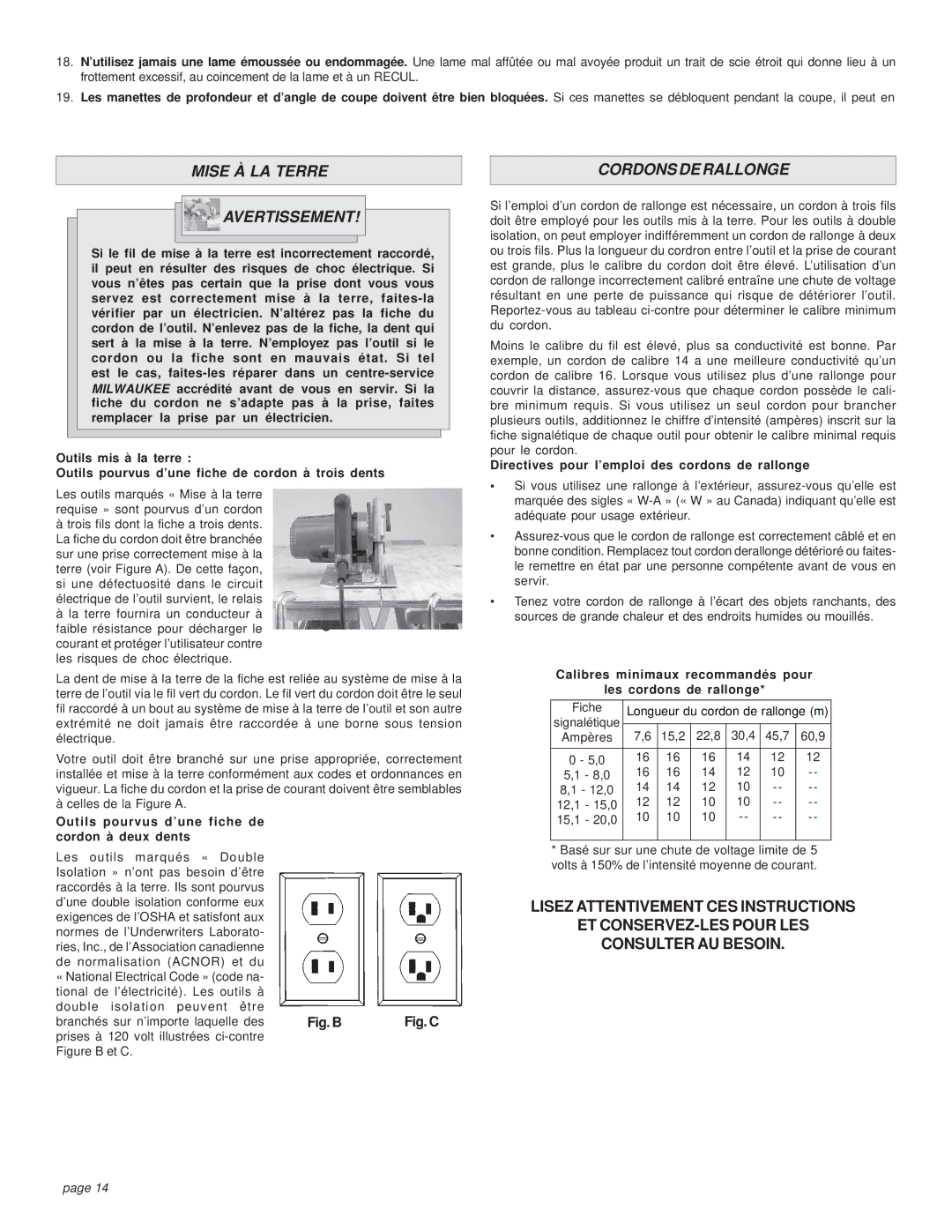 Milwaukee HEAVY-DUTY CIRCULAR SAW manual Mise À LA Terre Avertissement, Cordons DE Rallonge 