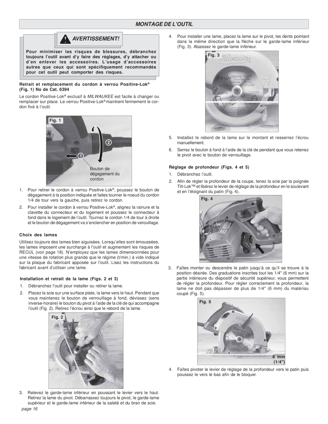 Milwaukee HEAVY-DUTY CIRCULAR SAW Montage DE Loutil Avertissement, Choix des lames, Réglage de profondeur Figs et, Mm 1/4 