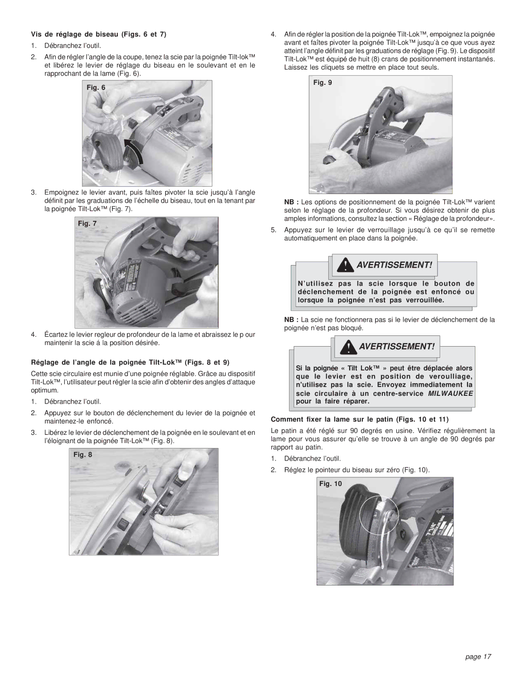 Milwaukee HEAVY-DUTY CIRCULAR SAW Vis de réglage de biseau Figs et, Réglage de l’angle de la poignée Tilt-Lok Figs et 