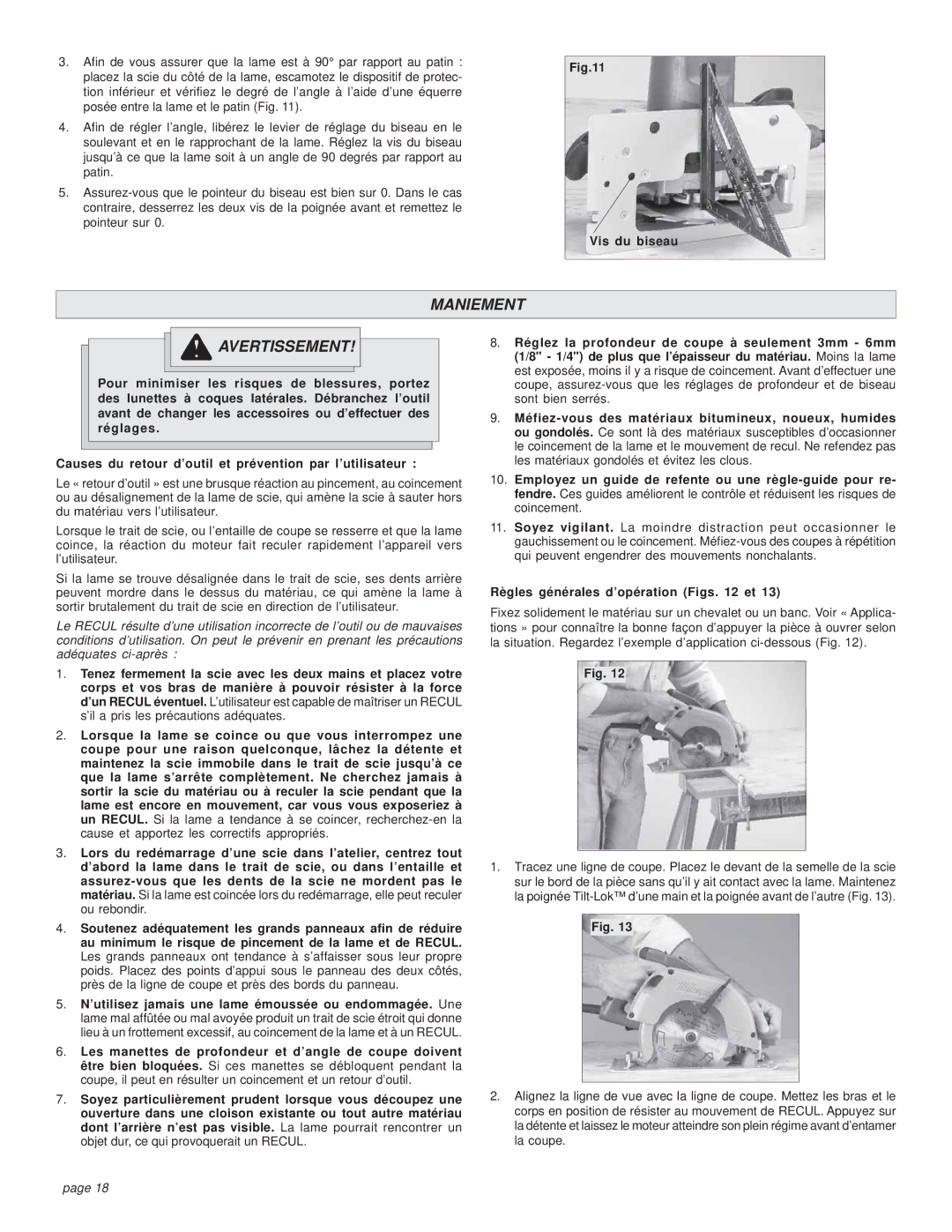 Milwaukee HEAVY-DUTY CIRCULAR SAW manual Maniement Avertissement, Vis du biseau, Règles générales d’opération Figs et 