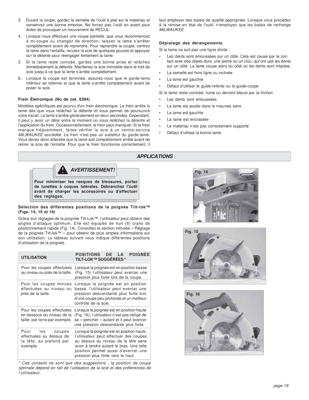 Milwaukee HEAVY-DUTY CIRCULAR SAW manual Frein Életronique No de cat, Dépistage des dérangements 