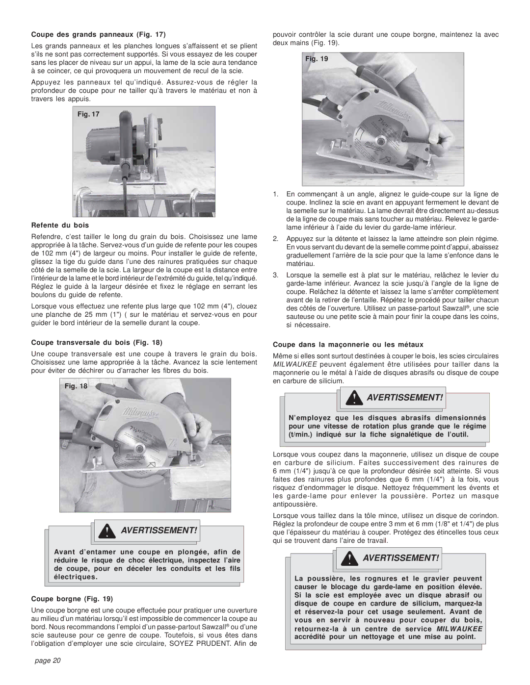 Milwaukee HEAVY-DUTY CIRCULAR SAW manual Coupe des grands panneaux Fig, Refente du bois, Coupe transversale du bois Fig 