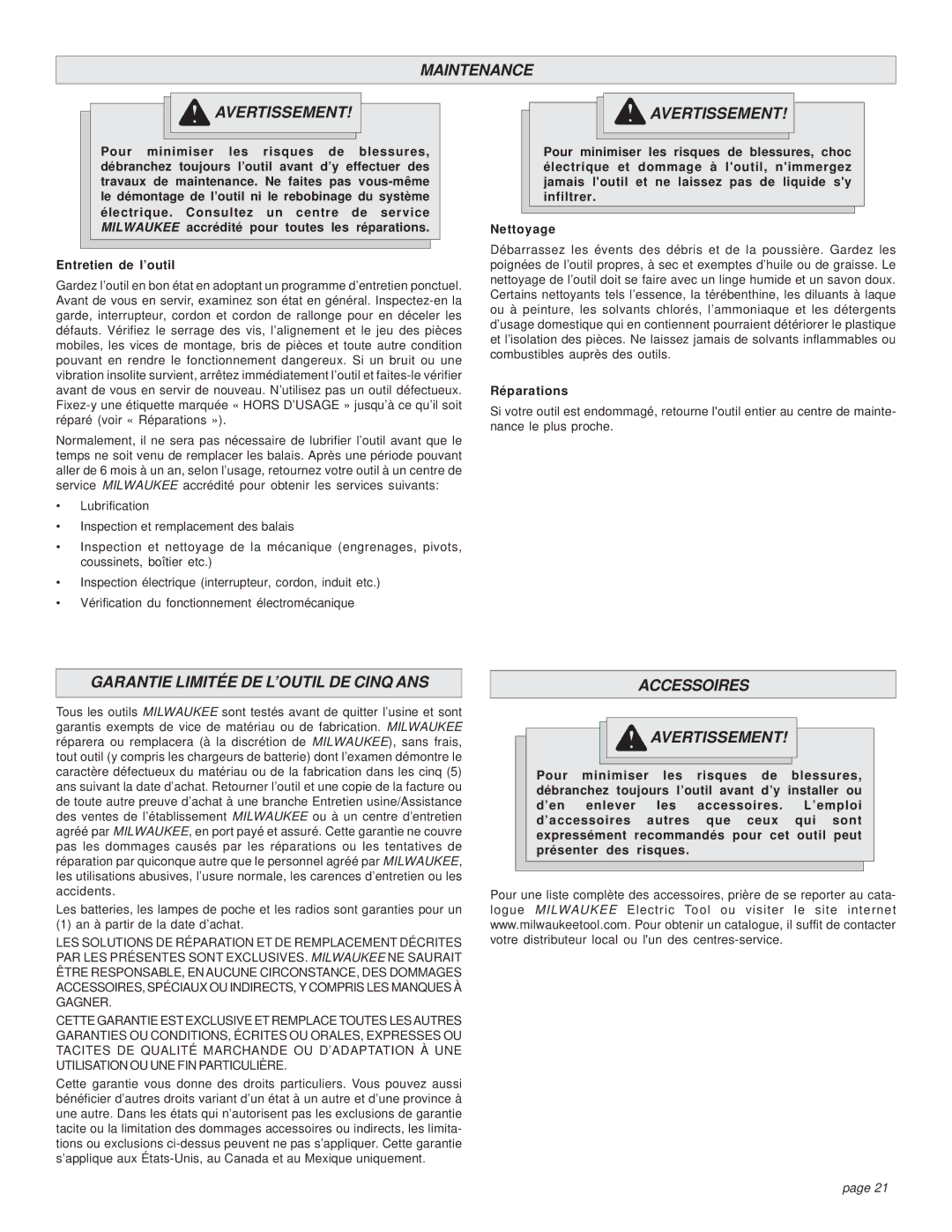 Milwaukee HEAVY-DUTY CIRCULAR SAW manual Maintenance Avertissement, Garantie Limitée DE L’OUTIL DE Cinq ANS, Réparations 