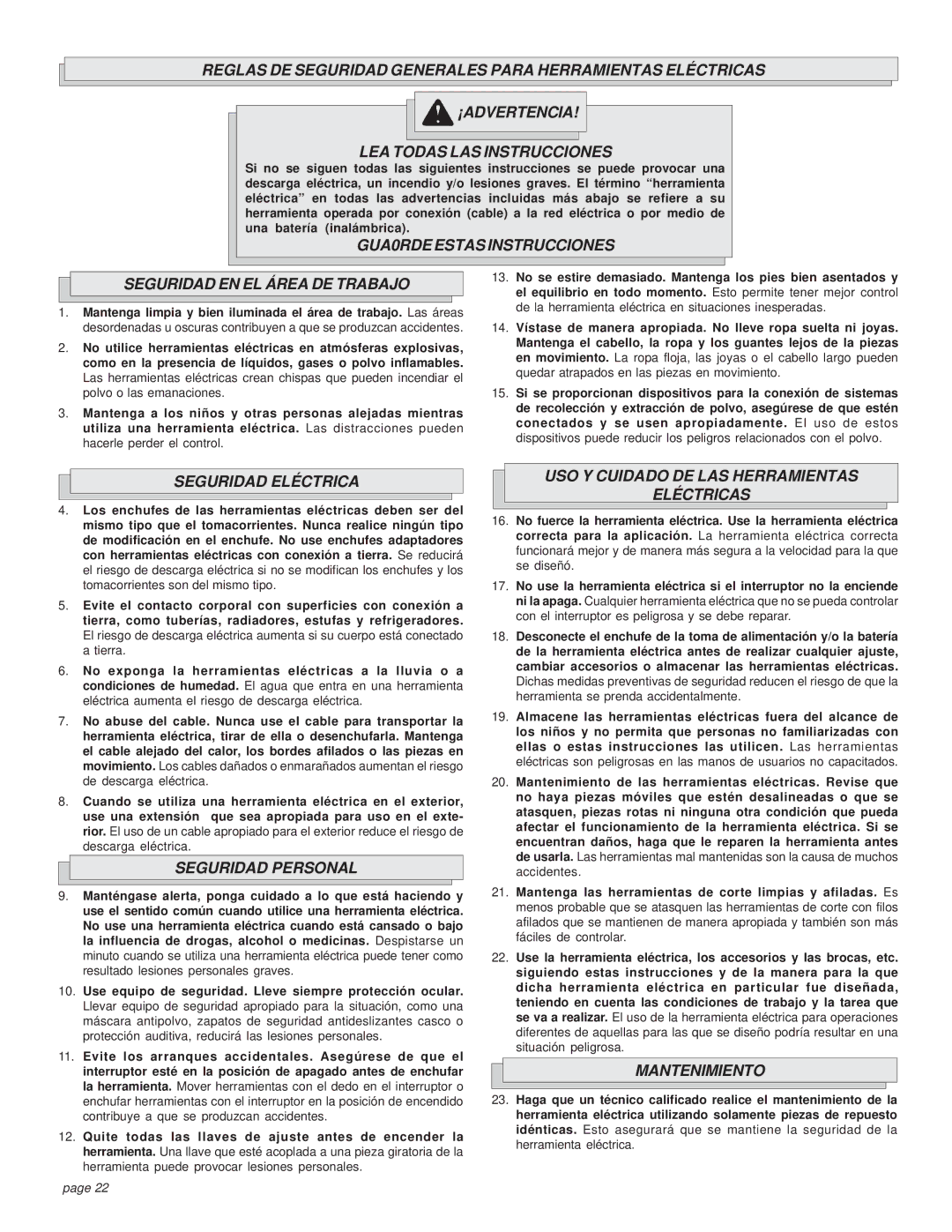 Milwaukee HEAVY-DUTY CIRCULAR SAW manual GUA0RDE Estas Instrucciones Seguridad EN EL Área DE Trabajo, Seguridad Eléctrica 