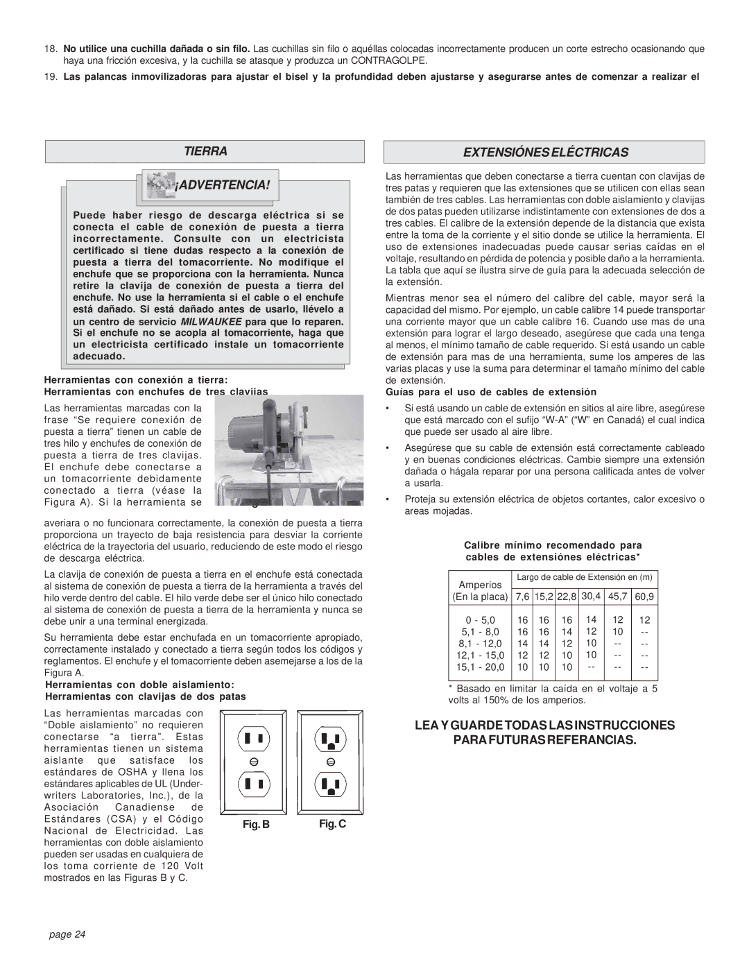 Milwaukee HEAVY-DUTY CIRCULAR SAW Tierra ¡ADVERTENCIA, Extensiónes Eléctricas, Guías para el uso de cables de extensión 