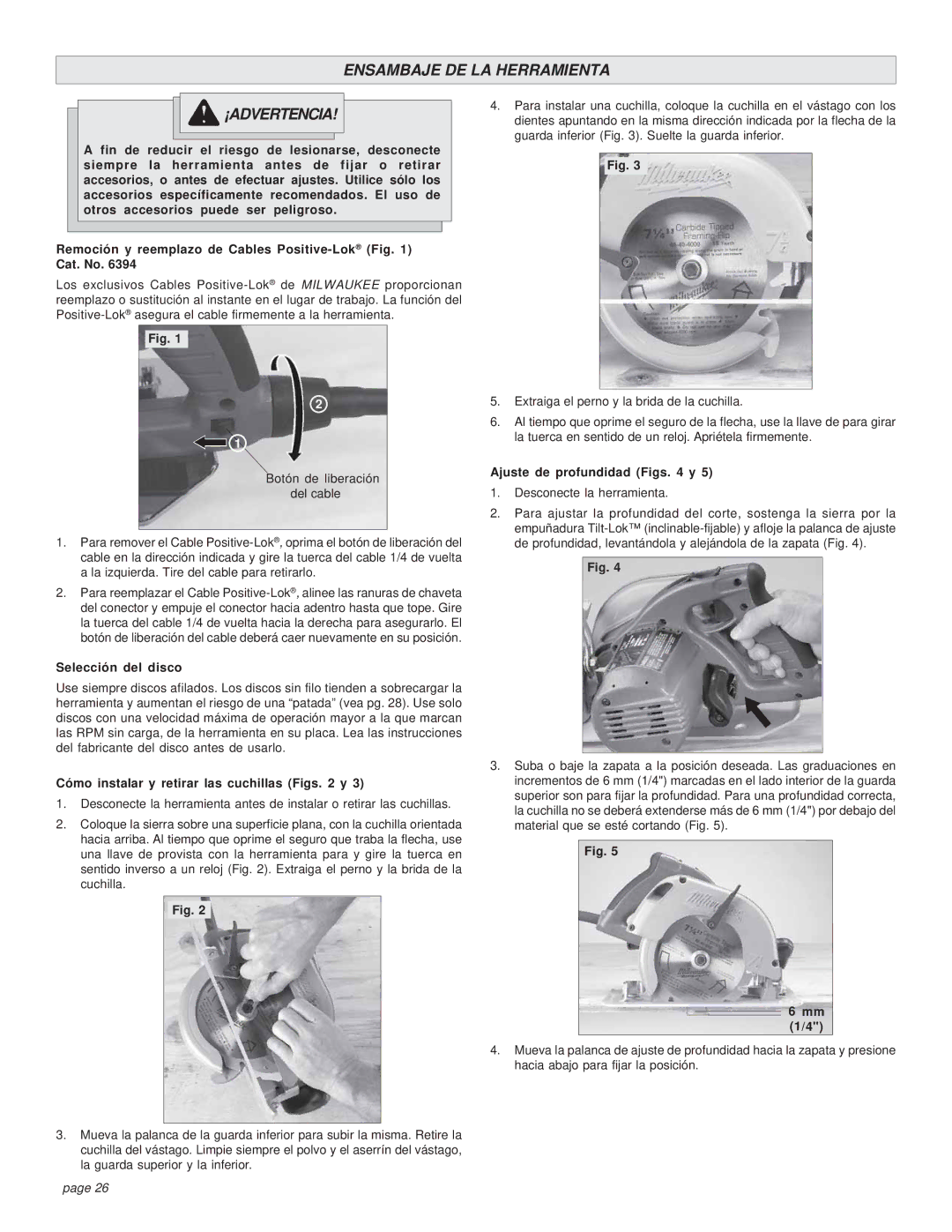 Milwaukee HEAVY-DUTY CIRCULAR SAW manual Ensambaje DE LA Herramienta ¡ADVERTENCIA, Selección del disco 