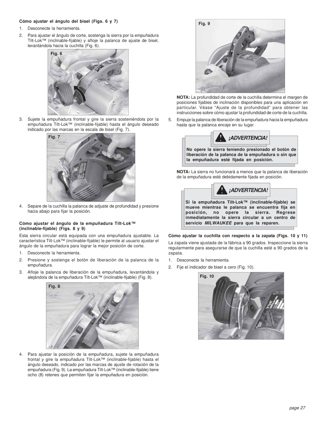 Milwaukee HEAVY-DUTY CIRCULAR SAW manual Cómo ajustar el ángulo del bisel Figs y 